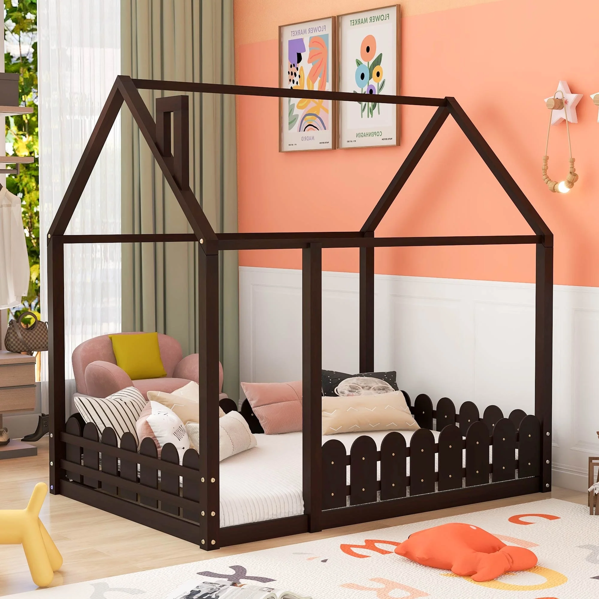 Wood Bed House Bed Frame with Fence