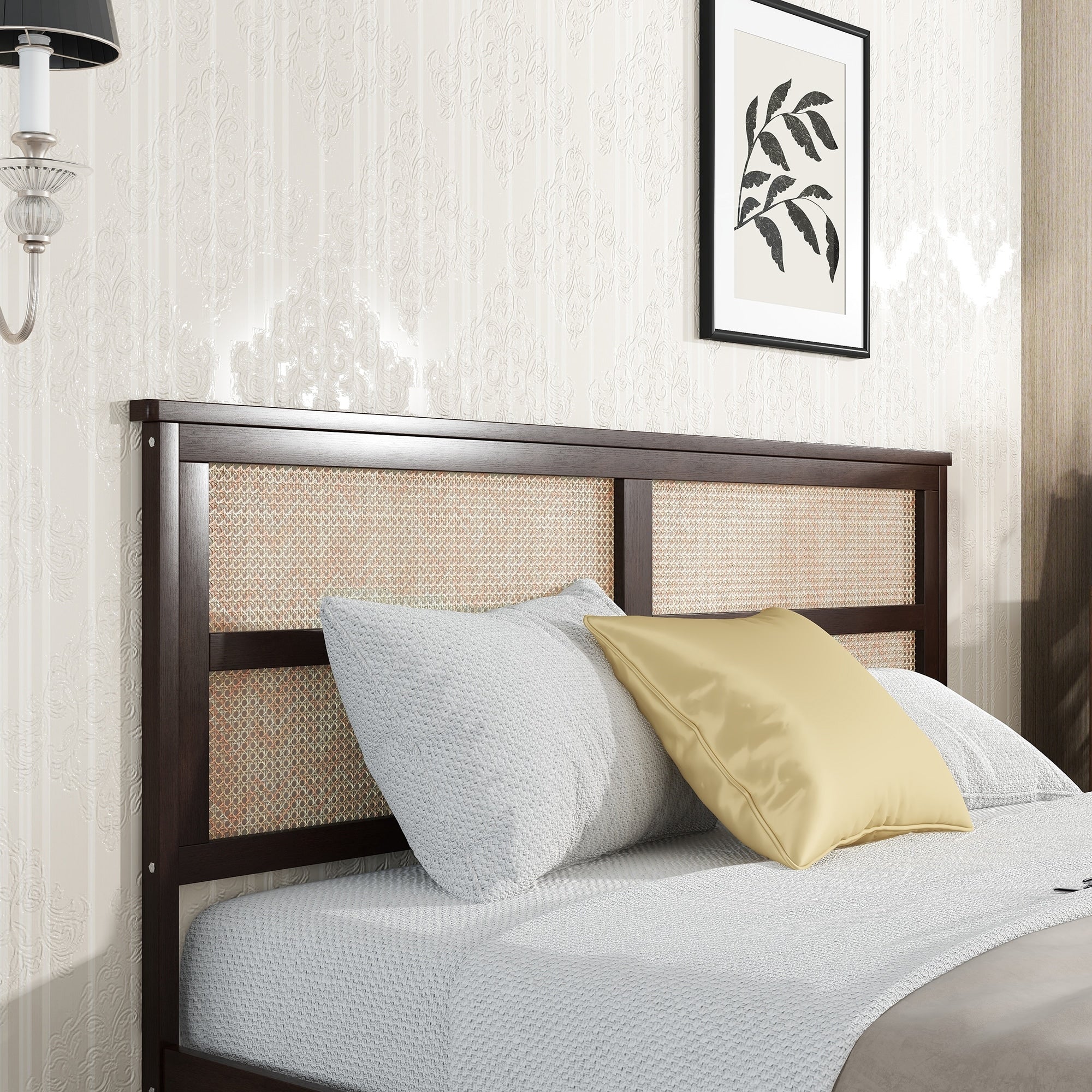 Bed with Rattan Headboard