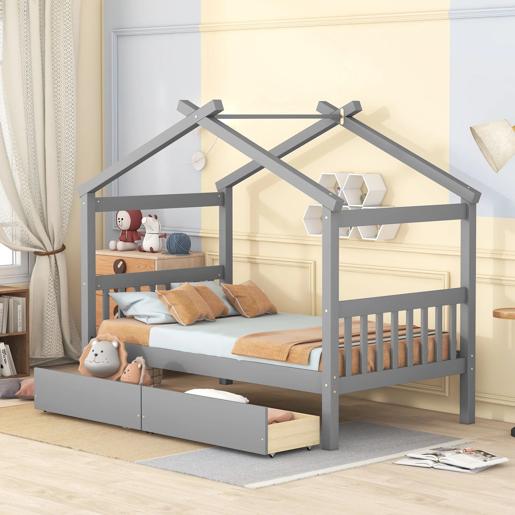 Wooden House Bed with Drawers
