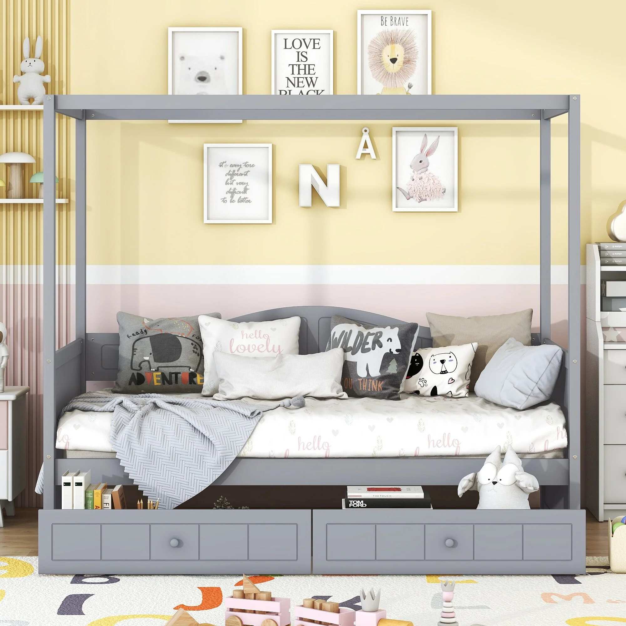 Gray Twin Canopy Day Bed, 2 Drawers
