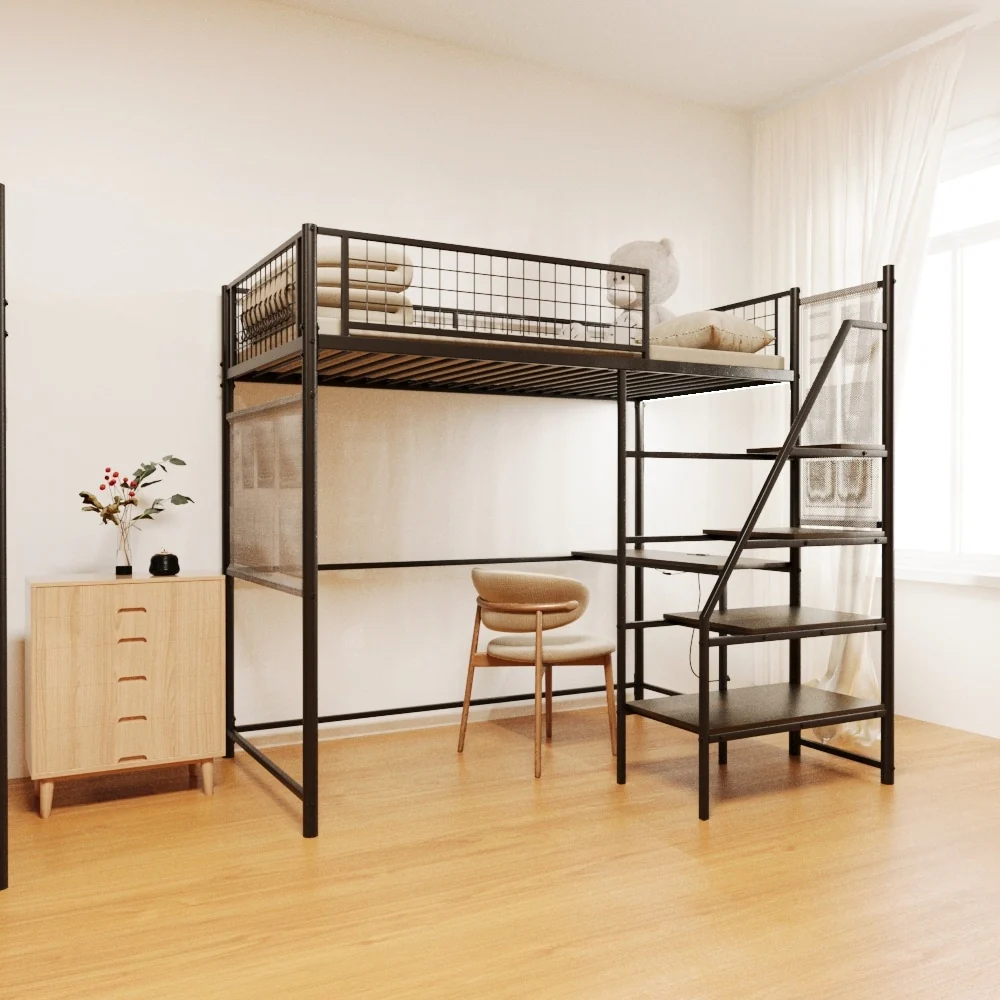 Twin sized loft metal bed with black
