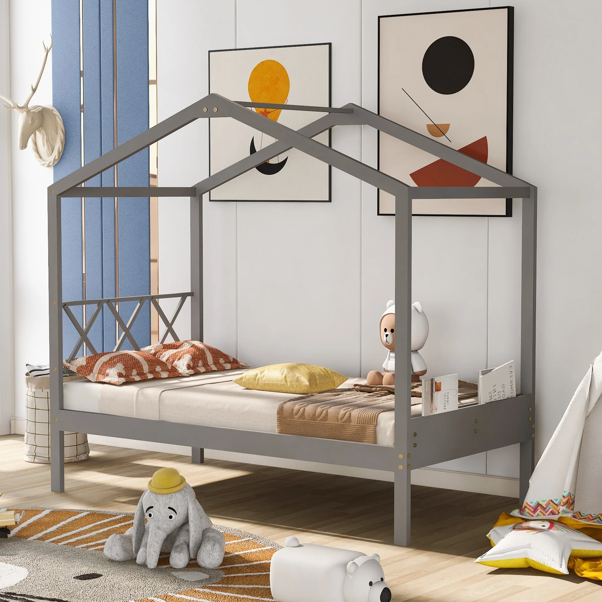 Wood House Bed with Storage Space