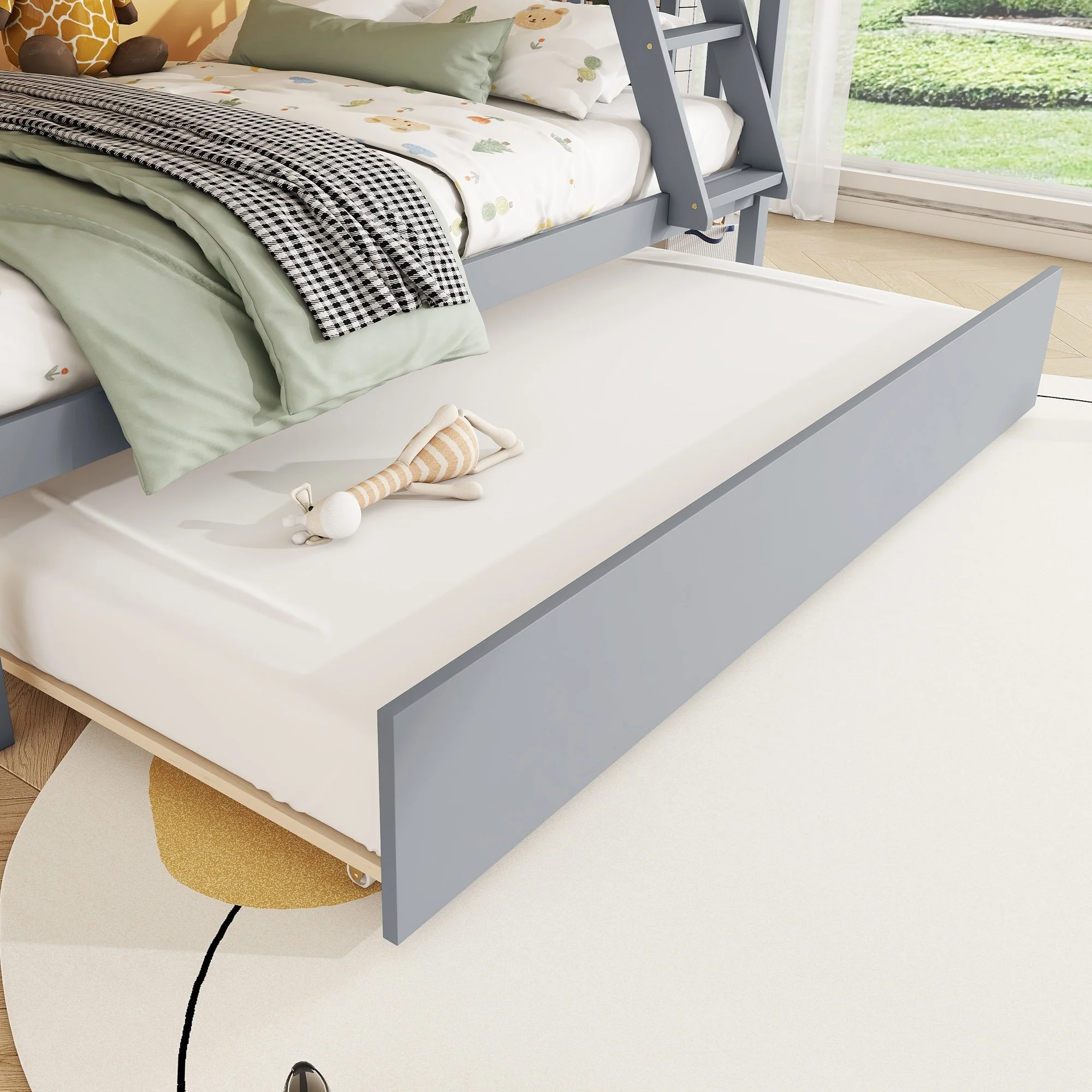 Rubber Wood Bunk Bed with Trundle