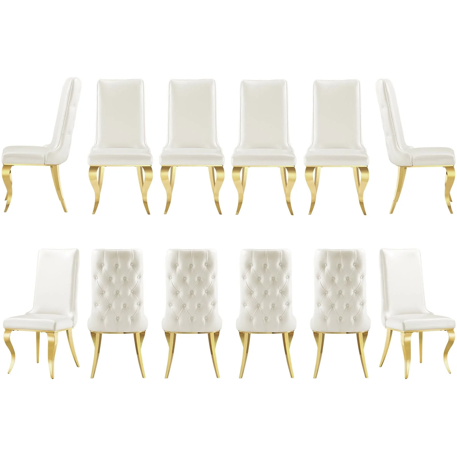 White leather dining chairs with gold legs