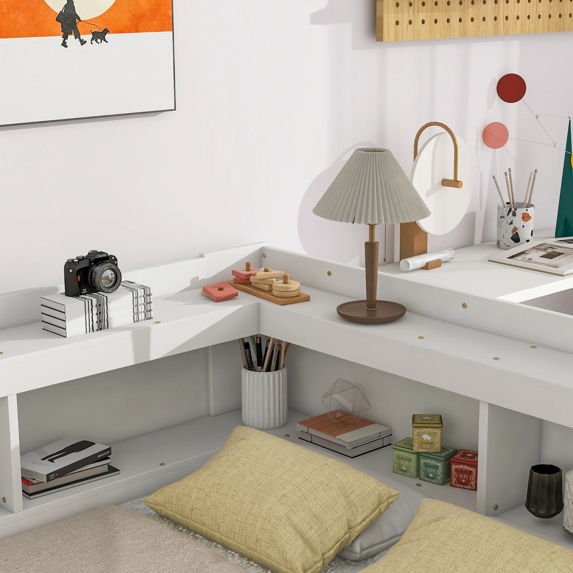 Bed with L-shaped Bookcases