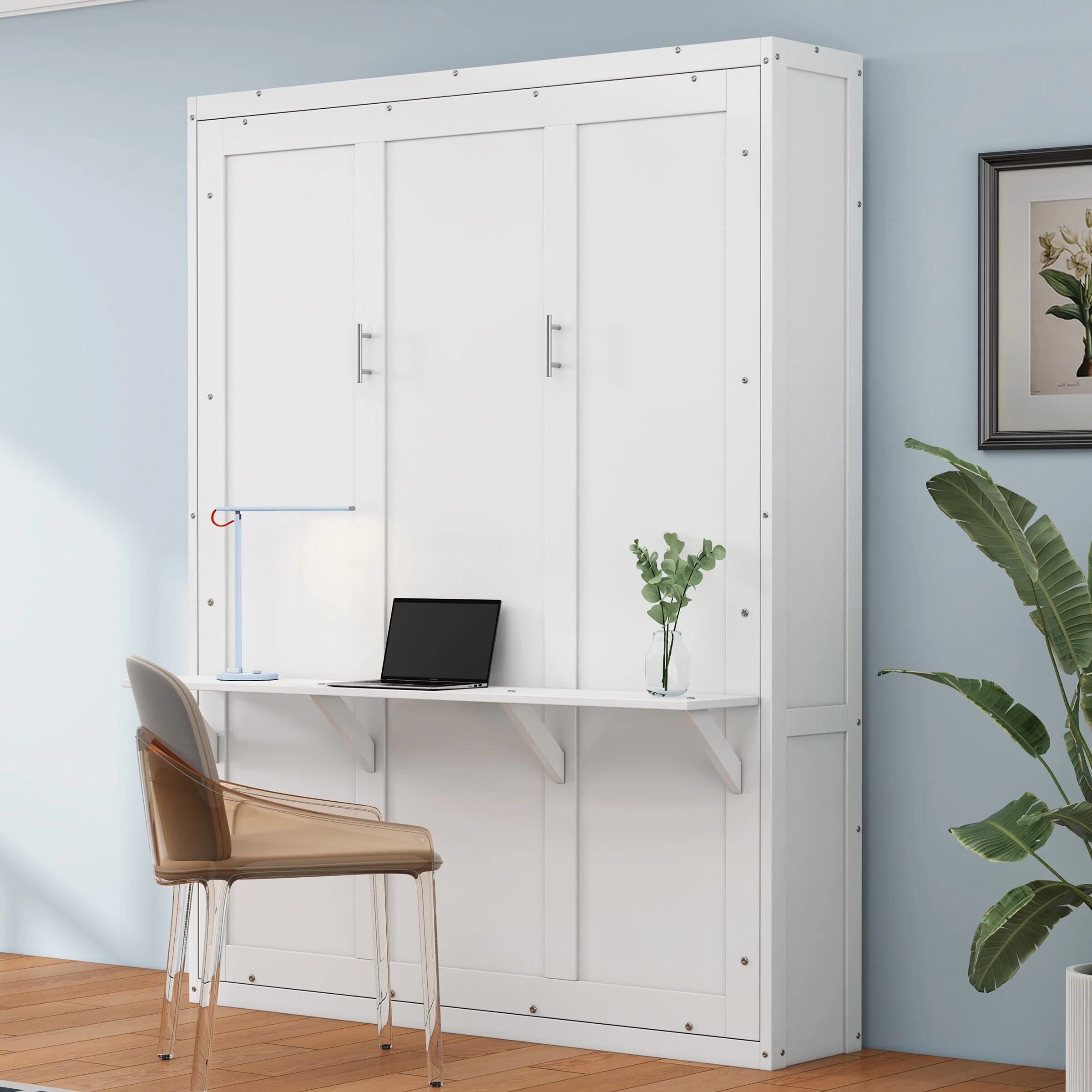 White Full Murphy Bed, Desk Combo