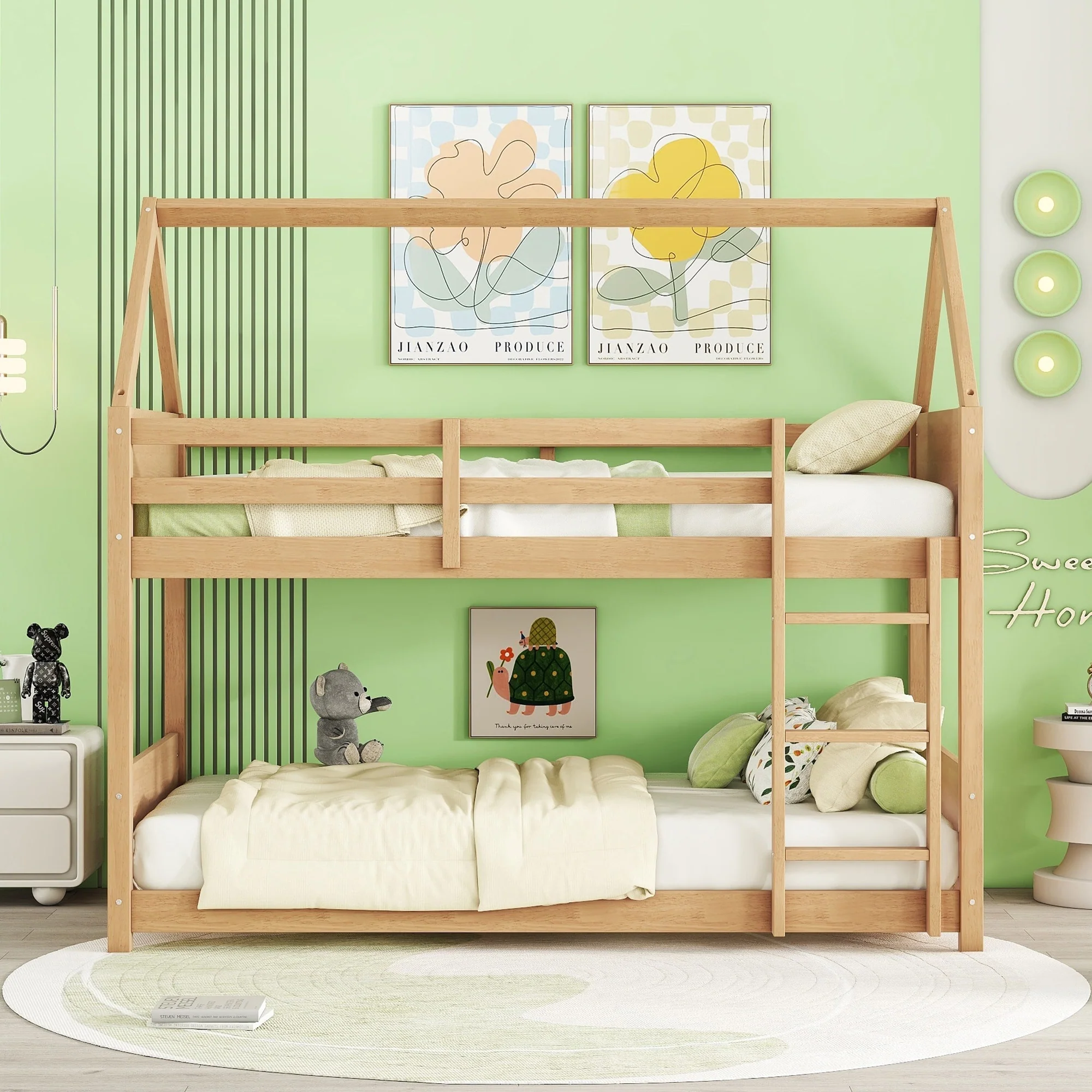 House Floor Bunk Bed with Headboards