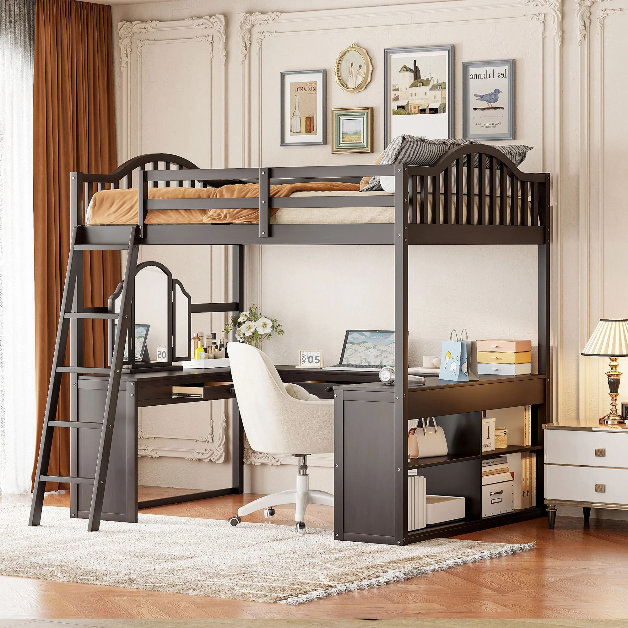 Wooden Loft Bed with U-shaped Desk