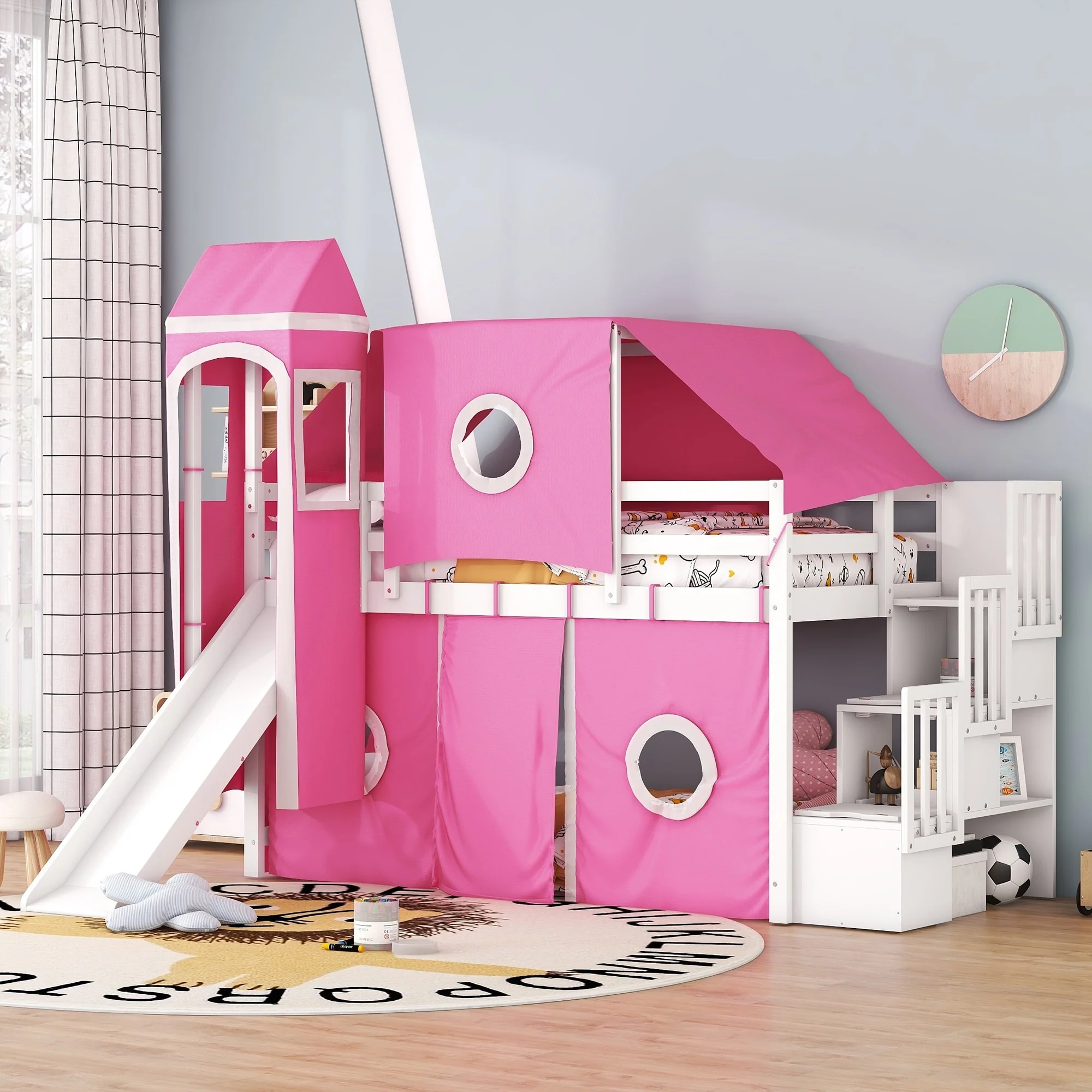 Loft Bed with Tent and Tower - Pink