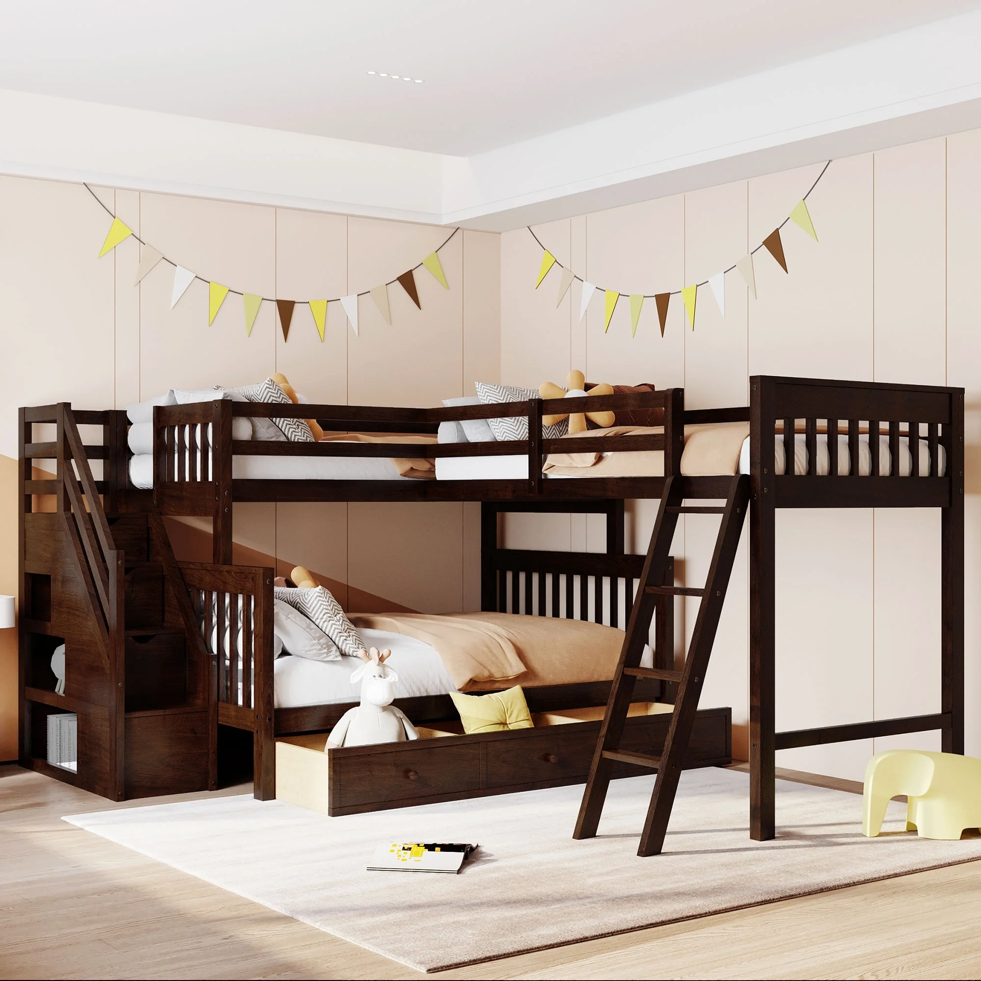 over L-Shaped Bunk Bed With 3 Drawers