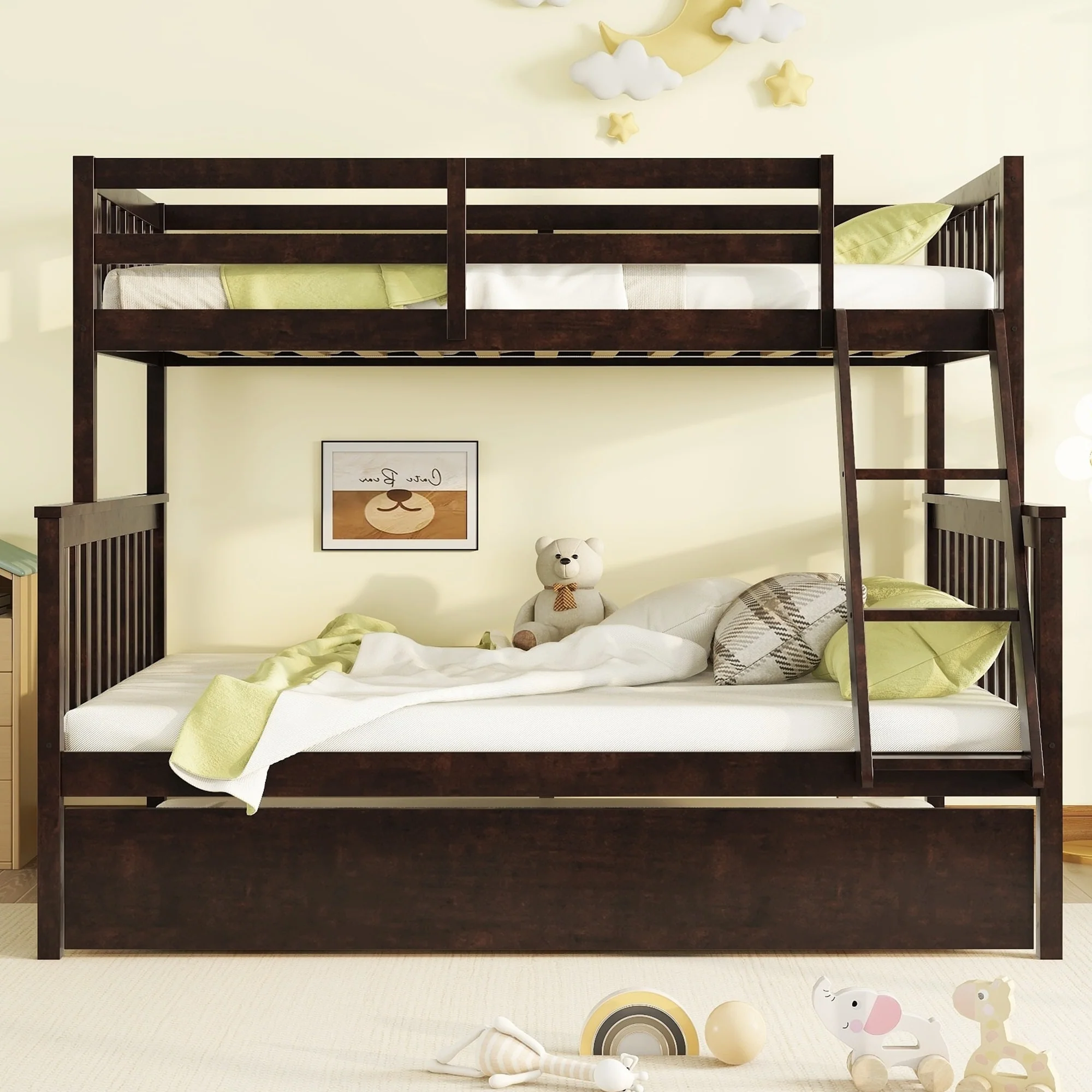 Rubber Wood Bunk Bed with Trundle