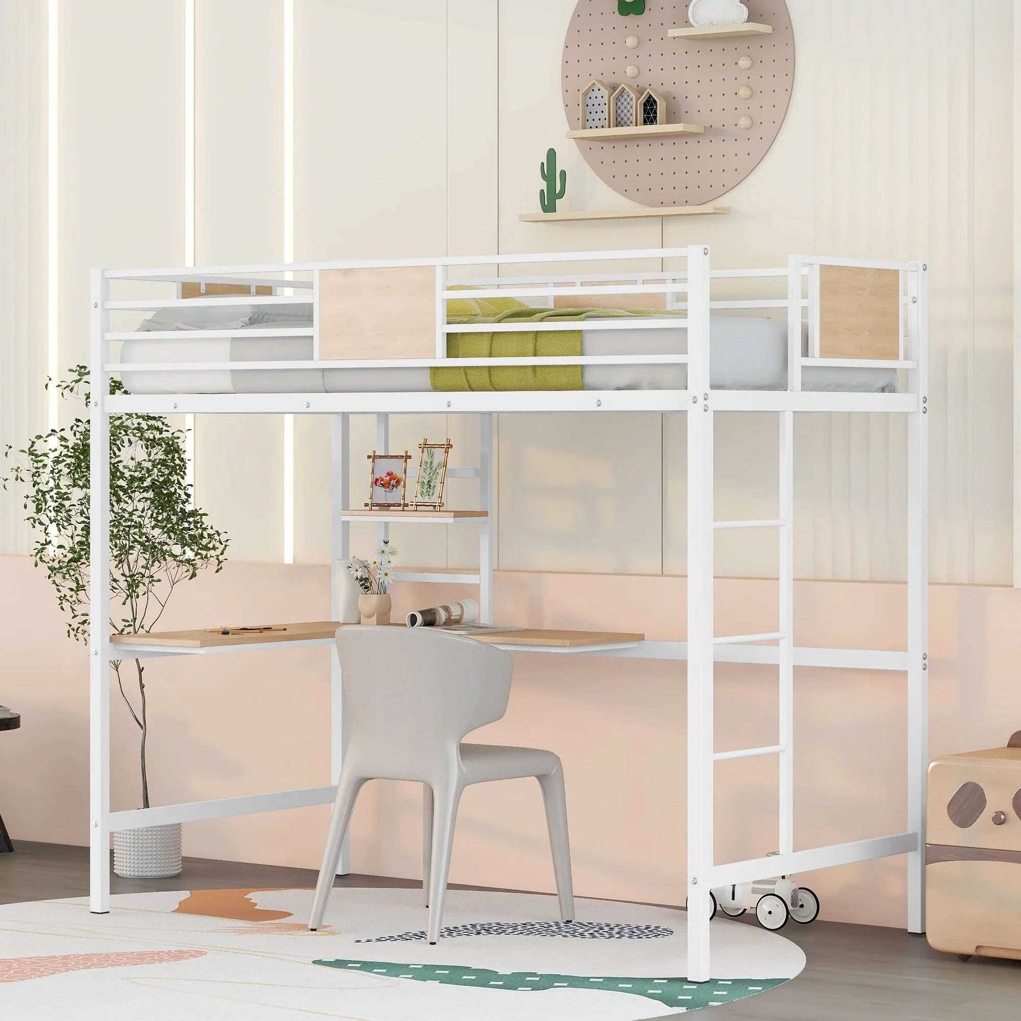 Metal Loft Bed with Desk and Shelve