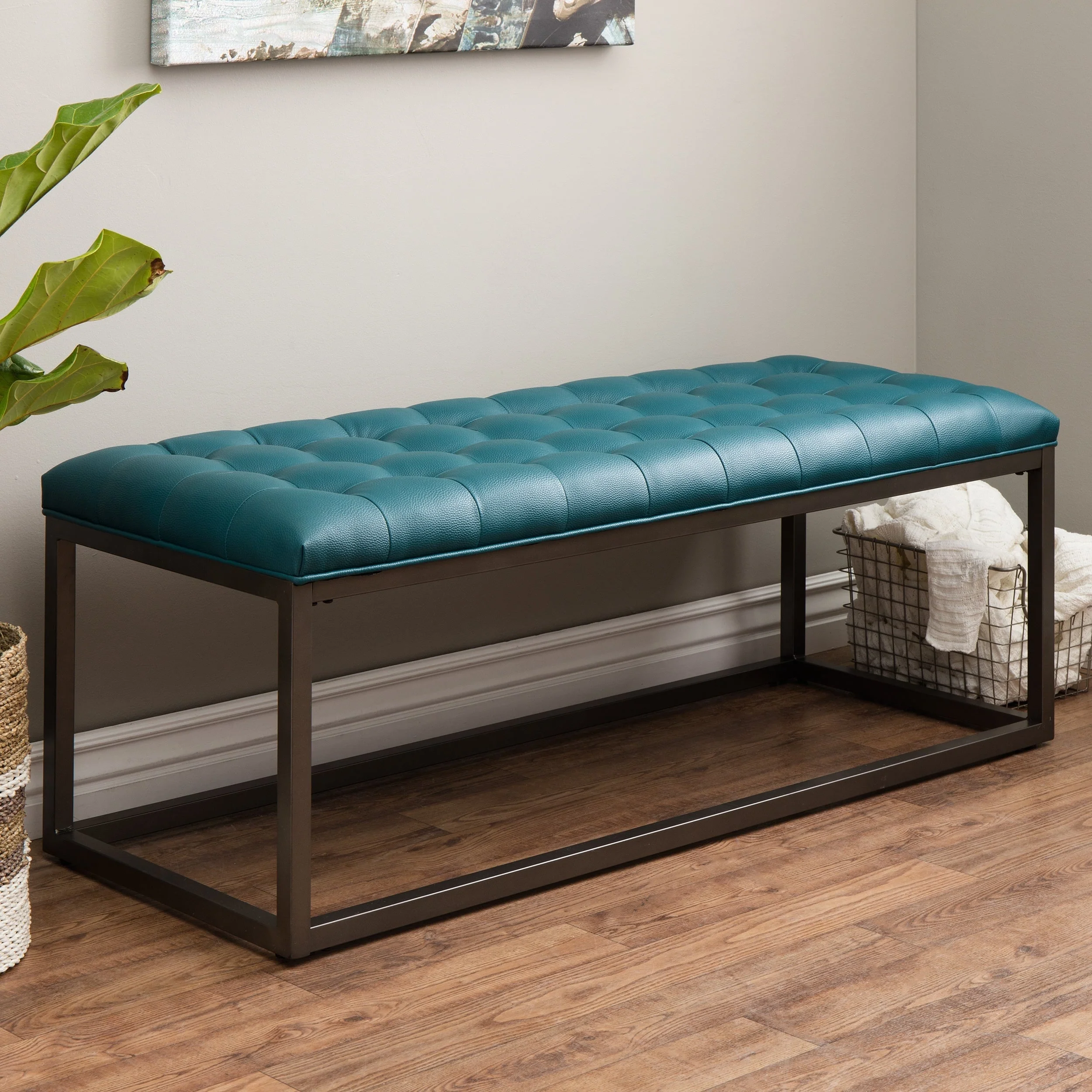 Healy Teal Faux Leather Tufted Bench