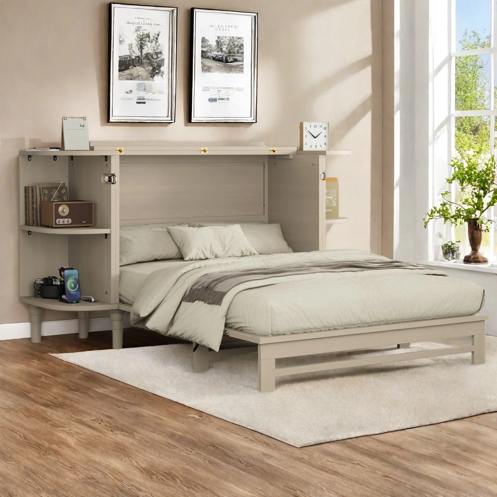 Ceylon Cream Wood Frame Murphy Bed