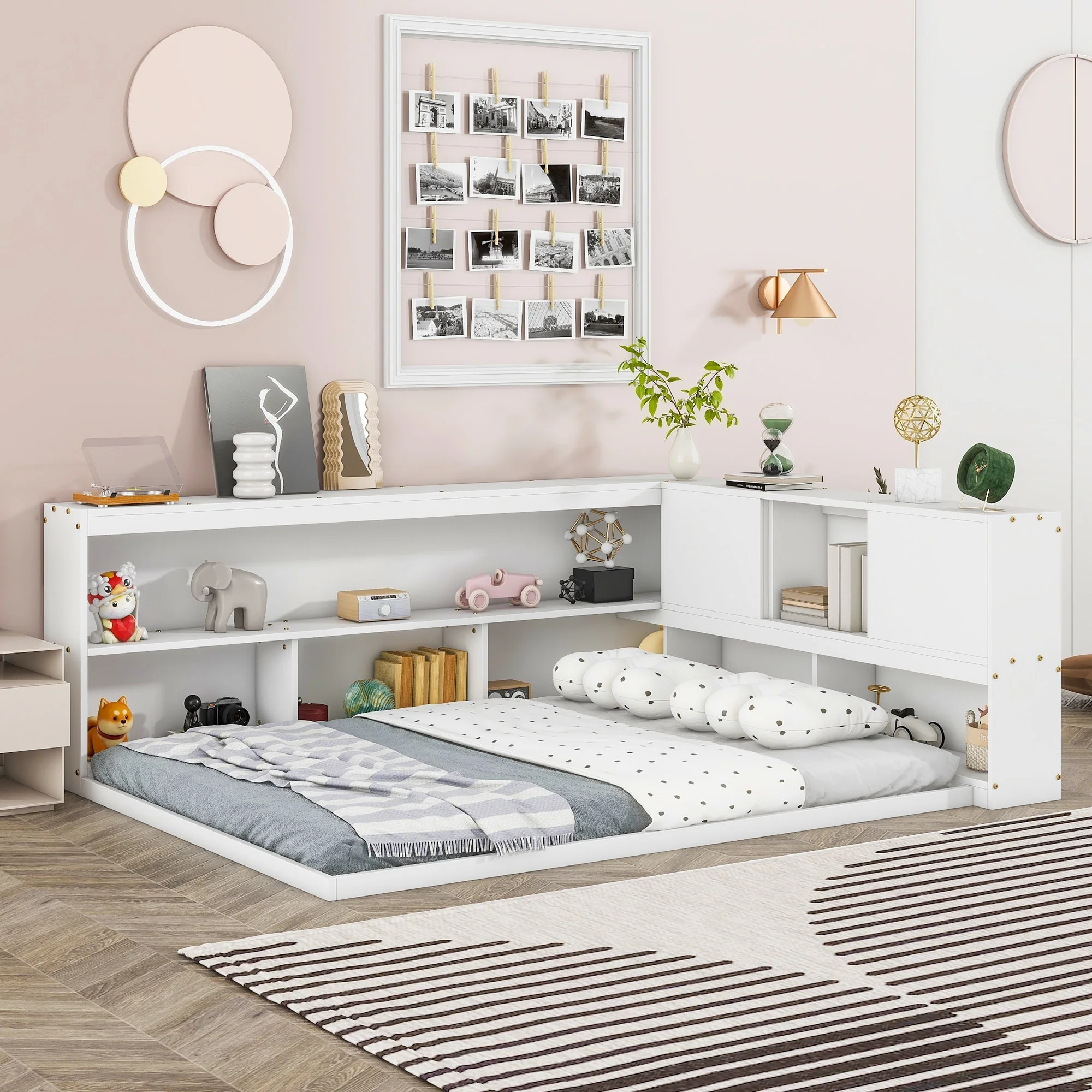 Floor Bed with L-shaped Bookcases
