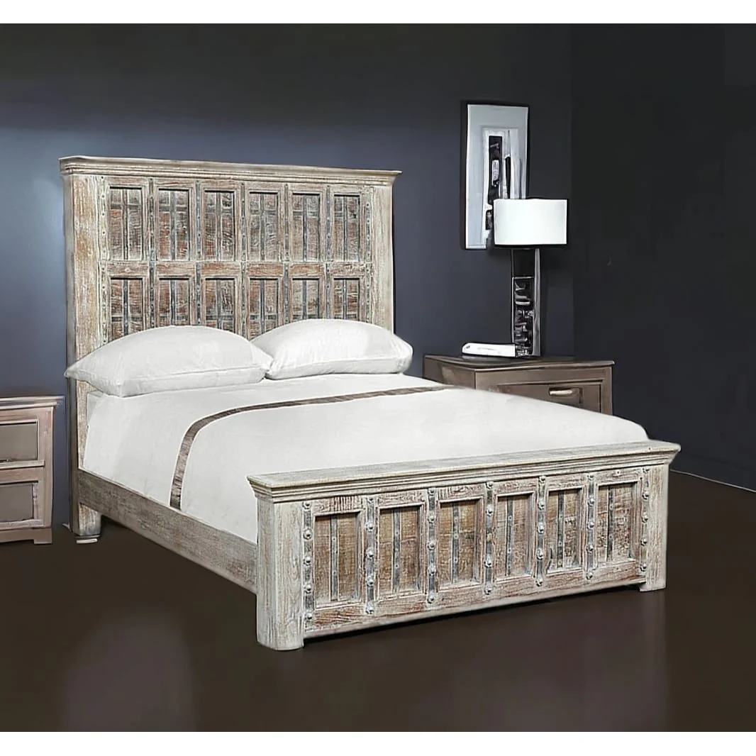 Solid Wood Panel and Metal Queen Gray Bed