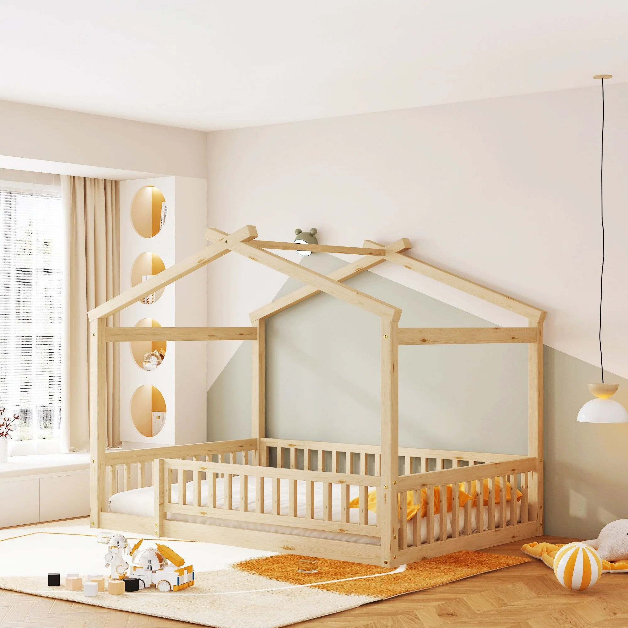 Wood Bed House Bed Frame with Fence