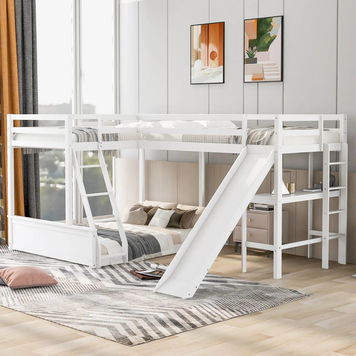 White Twin over Full Bunk Bed with Desk