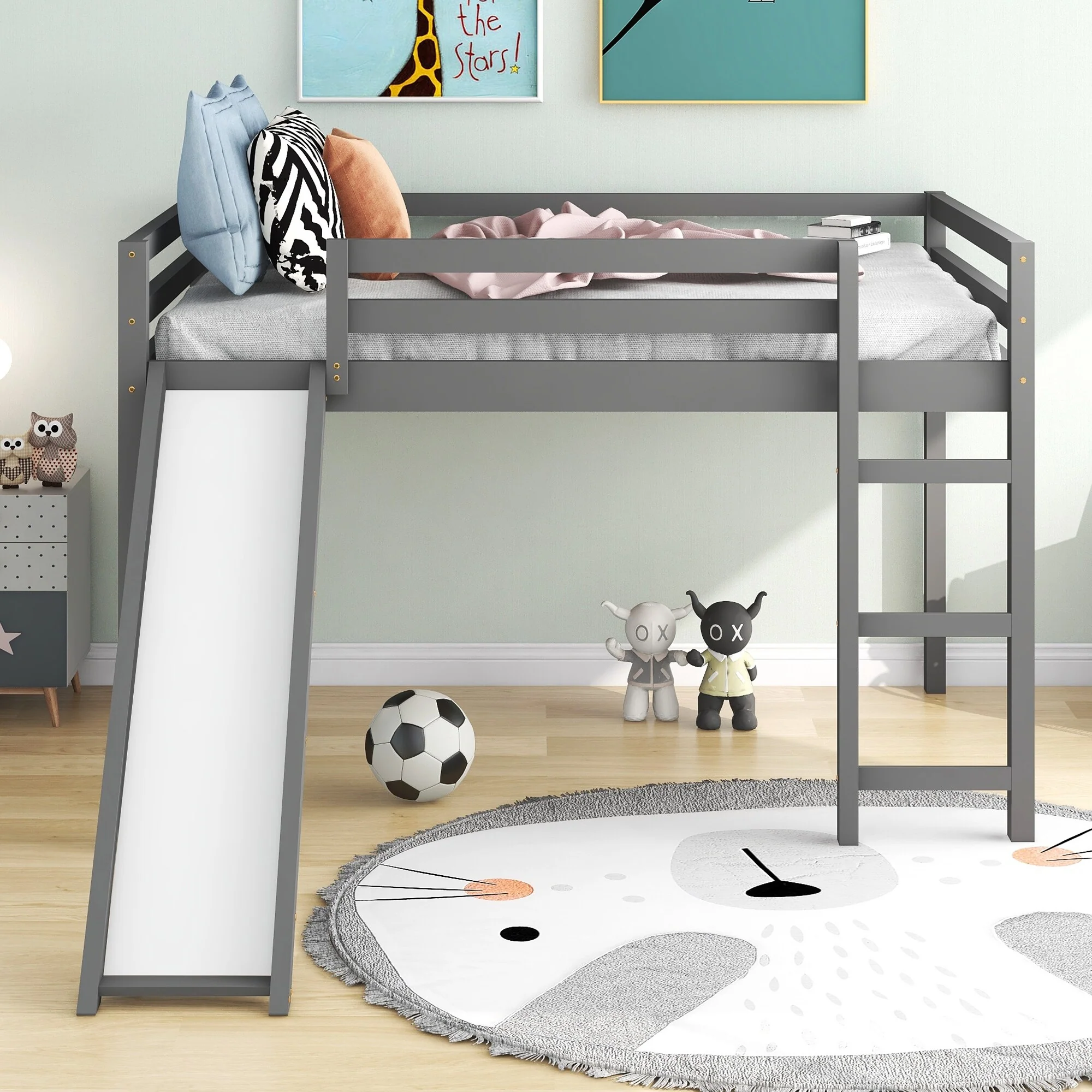 Grey Full SizeSolid Wood Loft Bed with Slide