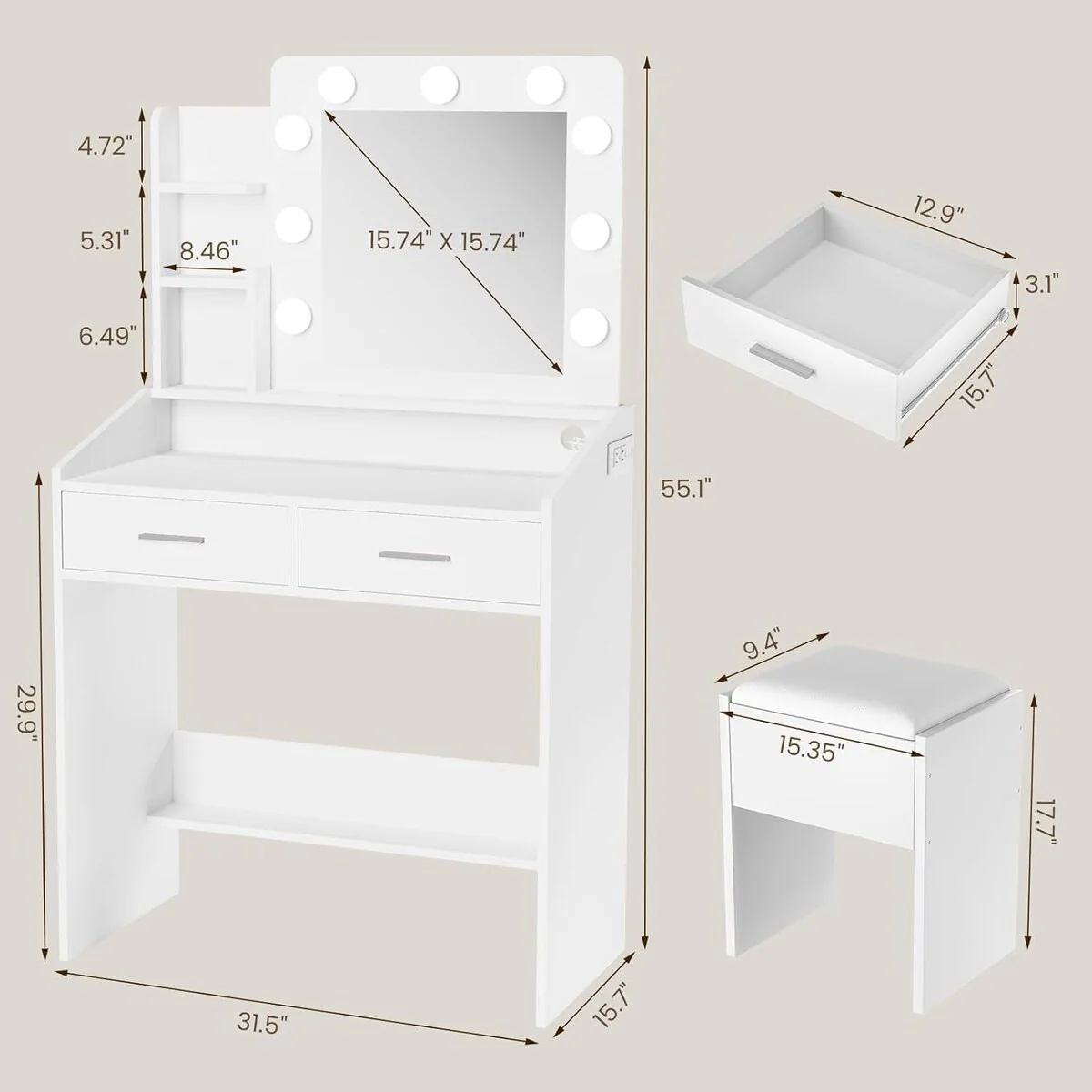 Vanity Desk with Mirror and Lights