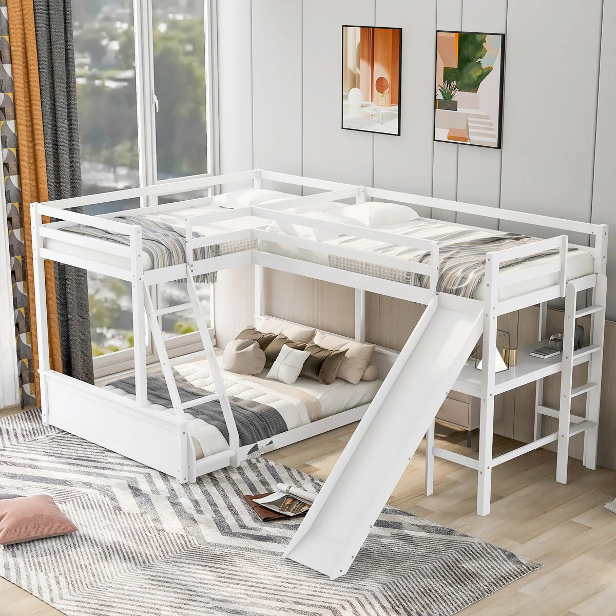 White Twin over Full Bunk Bed with Desk