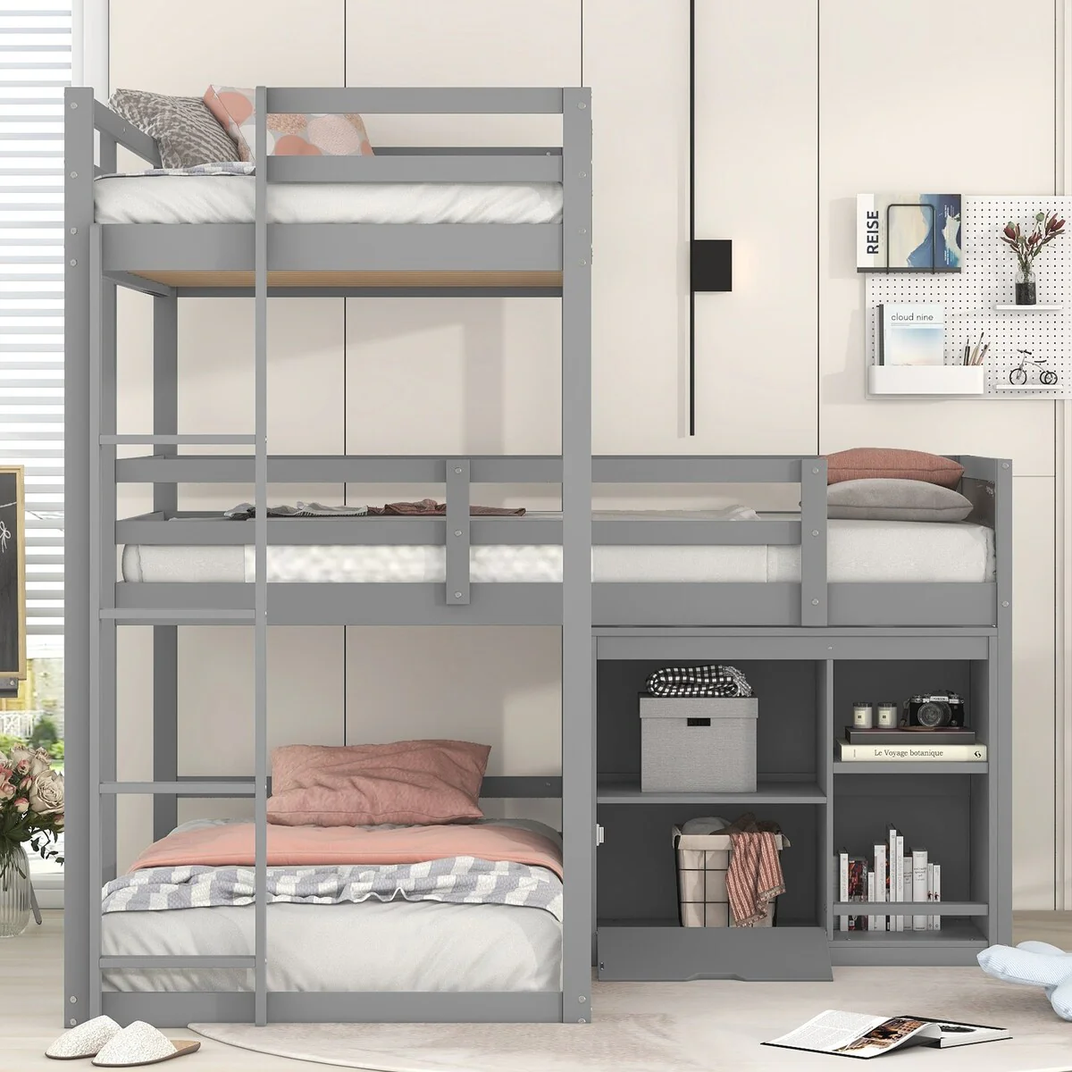 Grey L-Shaped Wood Triple Bunk Bed