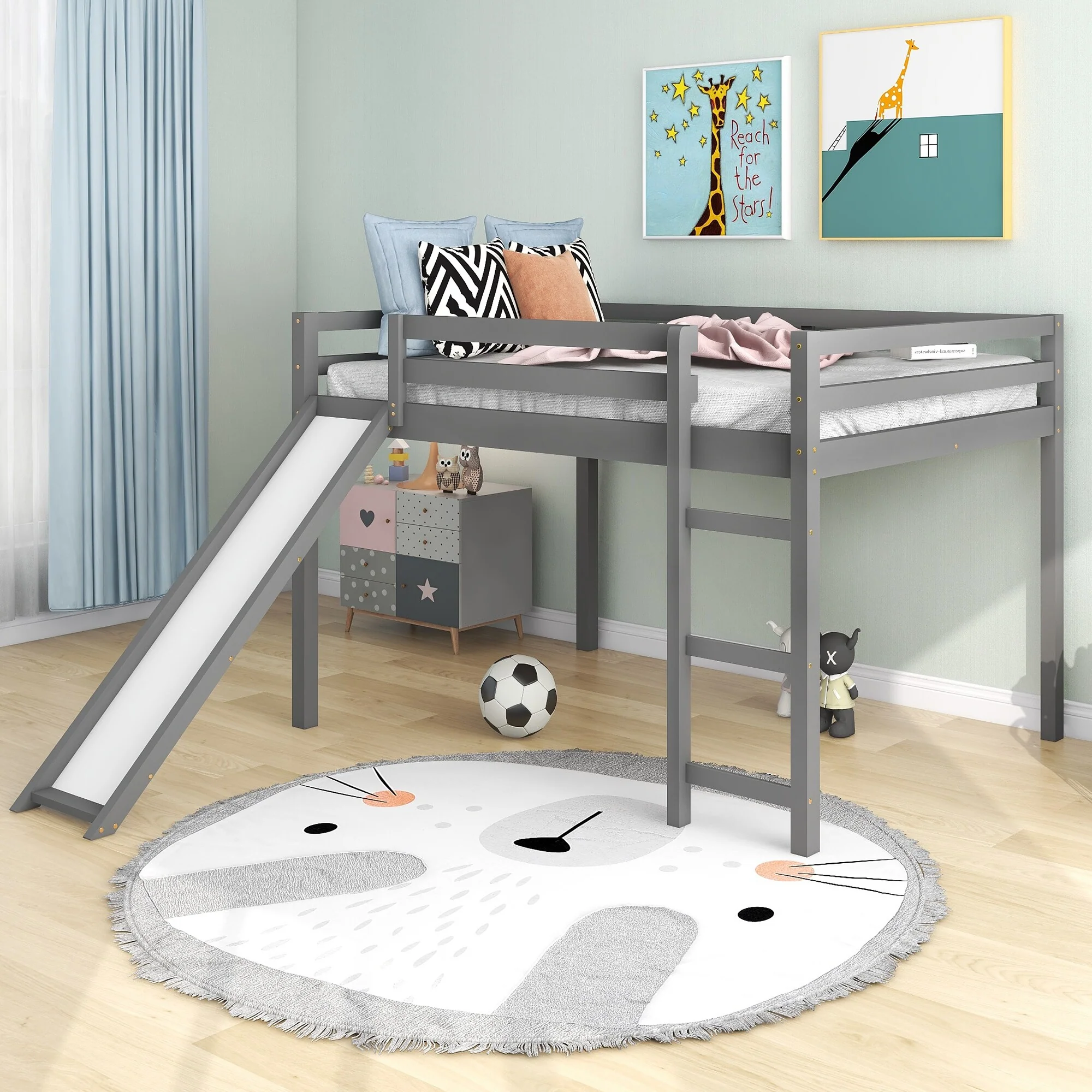 Grey Full SizeSolid Wood Loft Bed with Slide