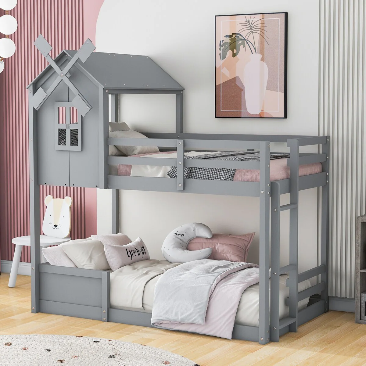 Grey Twin/Twin Bunk Bed with Roof and Window