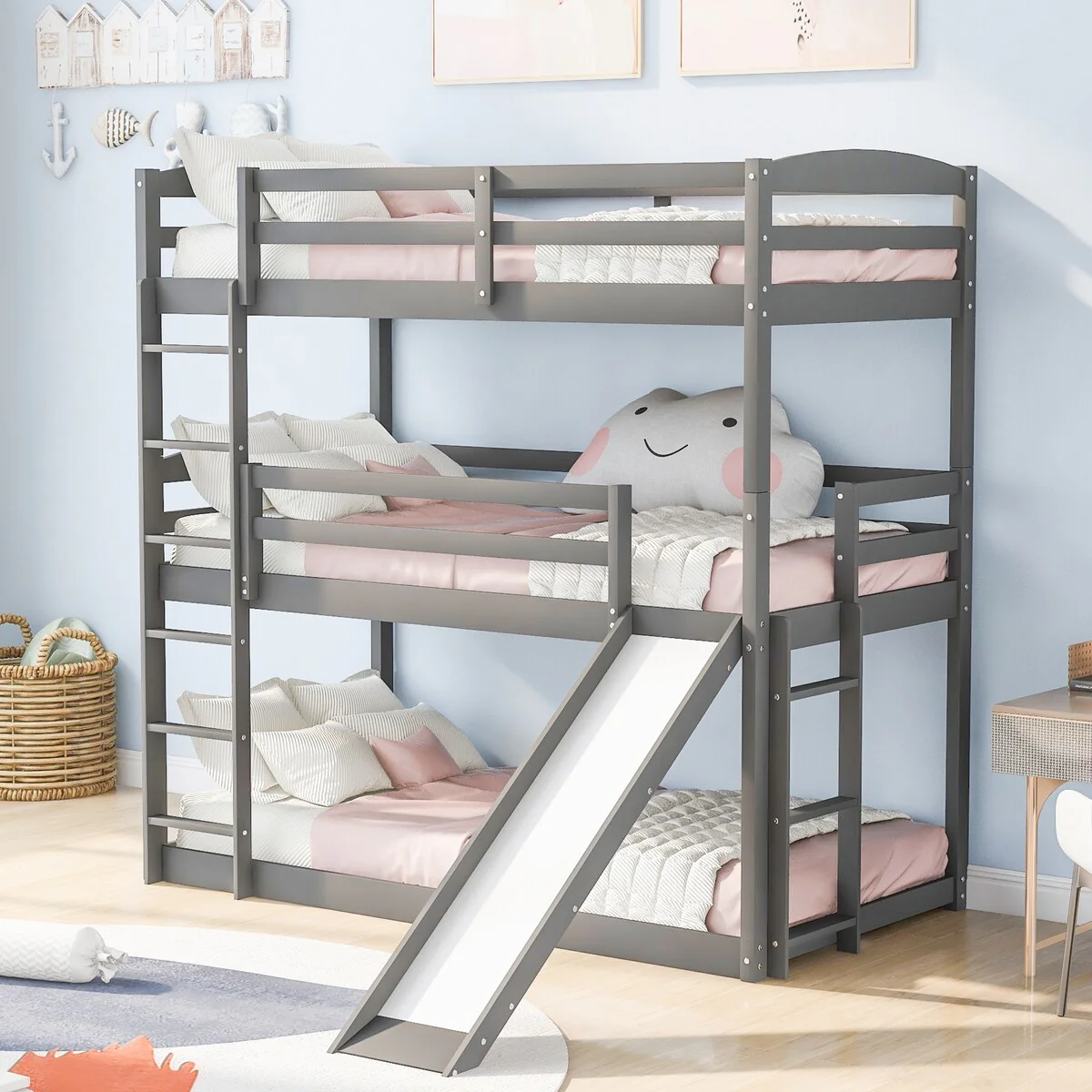Grey Adjustable Triple Bunk Bed with Slide