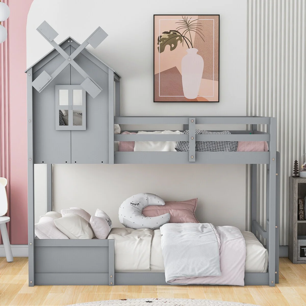 Grey Twin/Twin Bunk Bed with Roof and Window