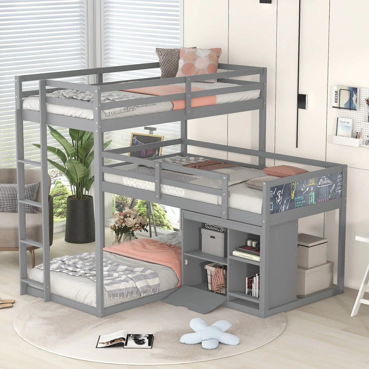 Grey L-Shaped Wood Triple Bunk Bed