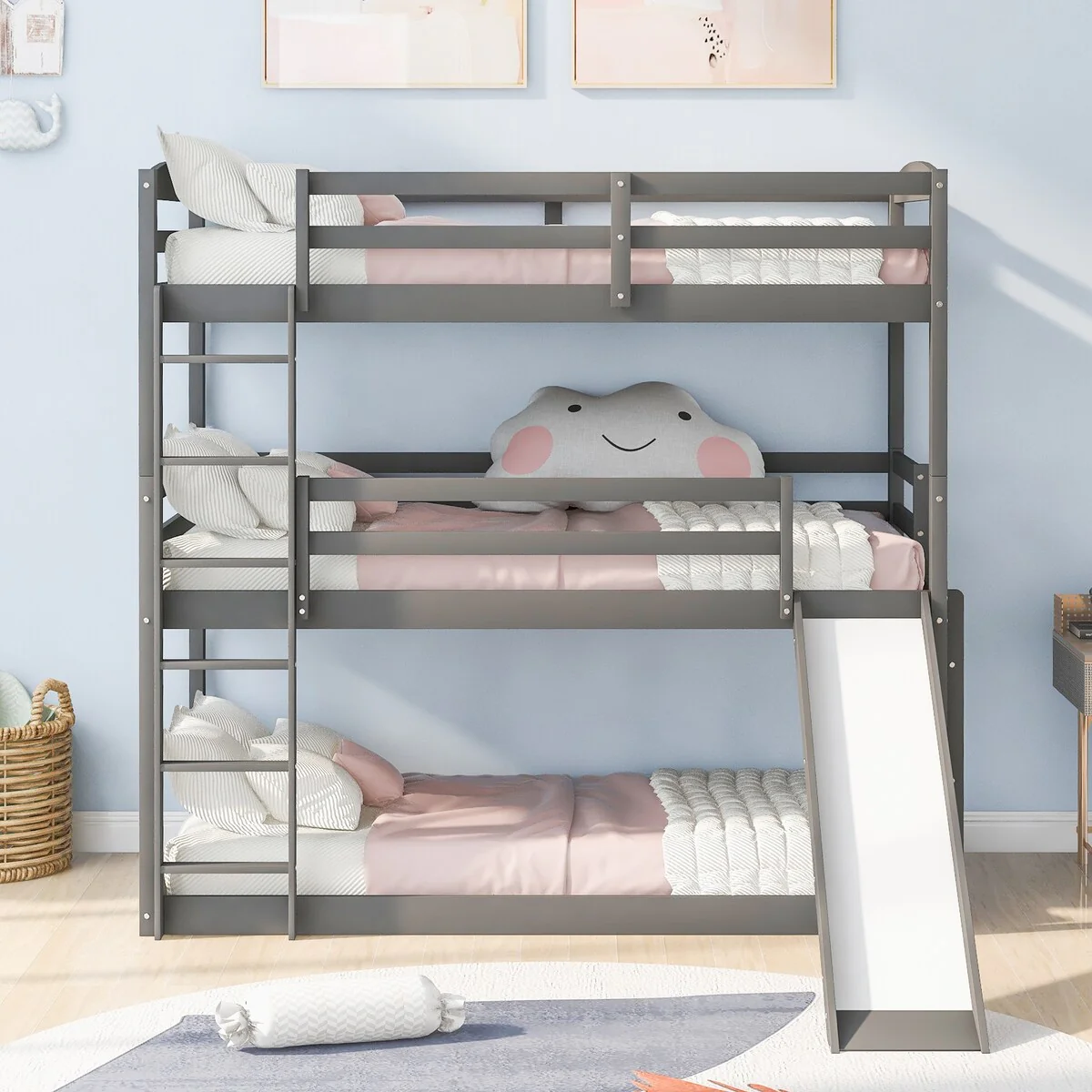 Grey Adjustable Triple Bunk Bed with Slide