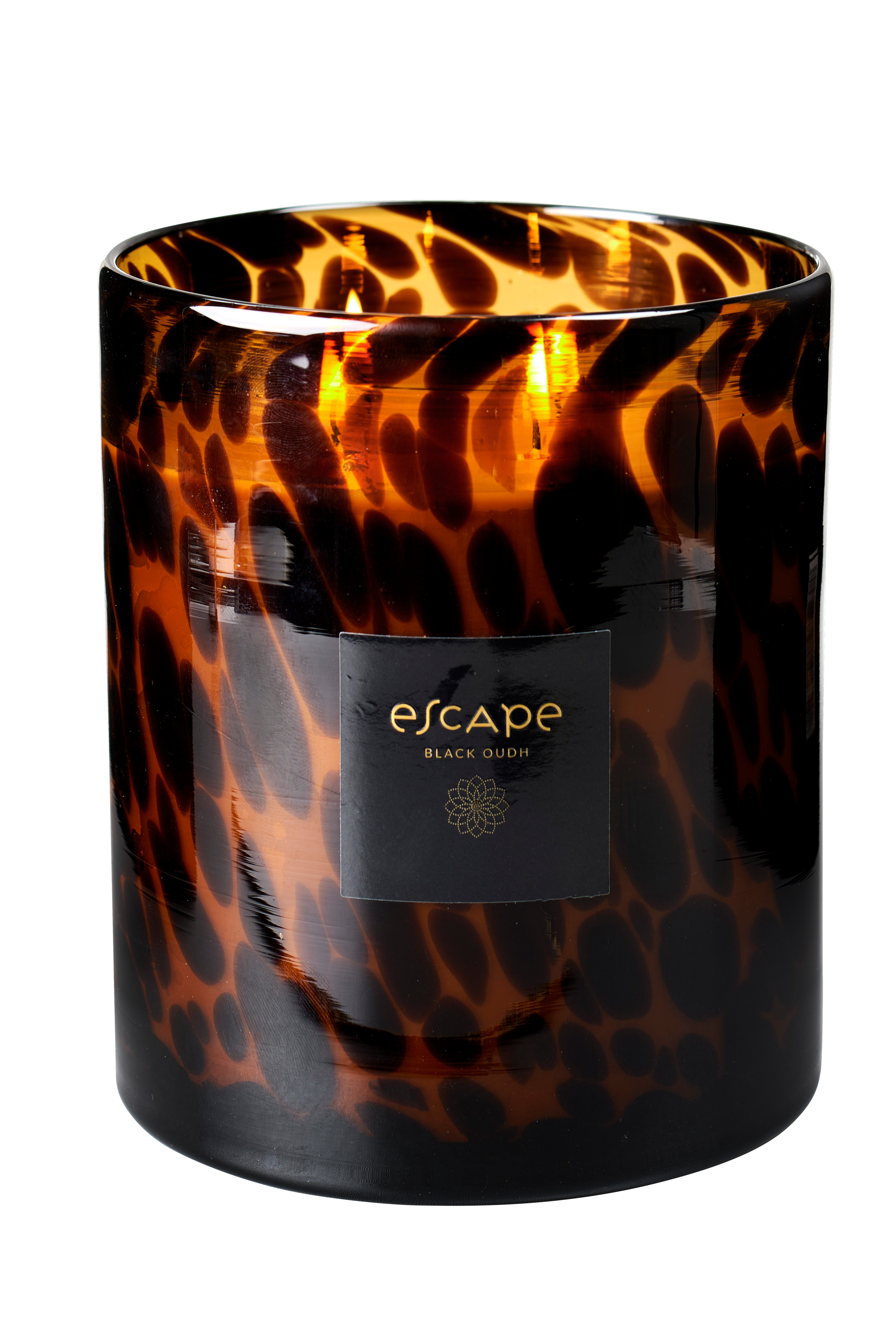 ESCAPE BLACK OUDH Geurkaars in glas zwart, bruin, okerH 16,5 cm - Ø 14,5 cm