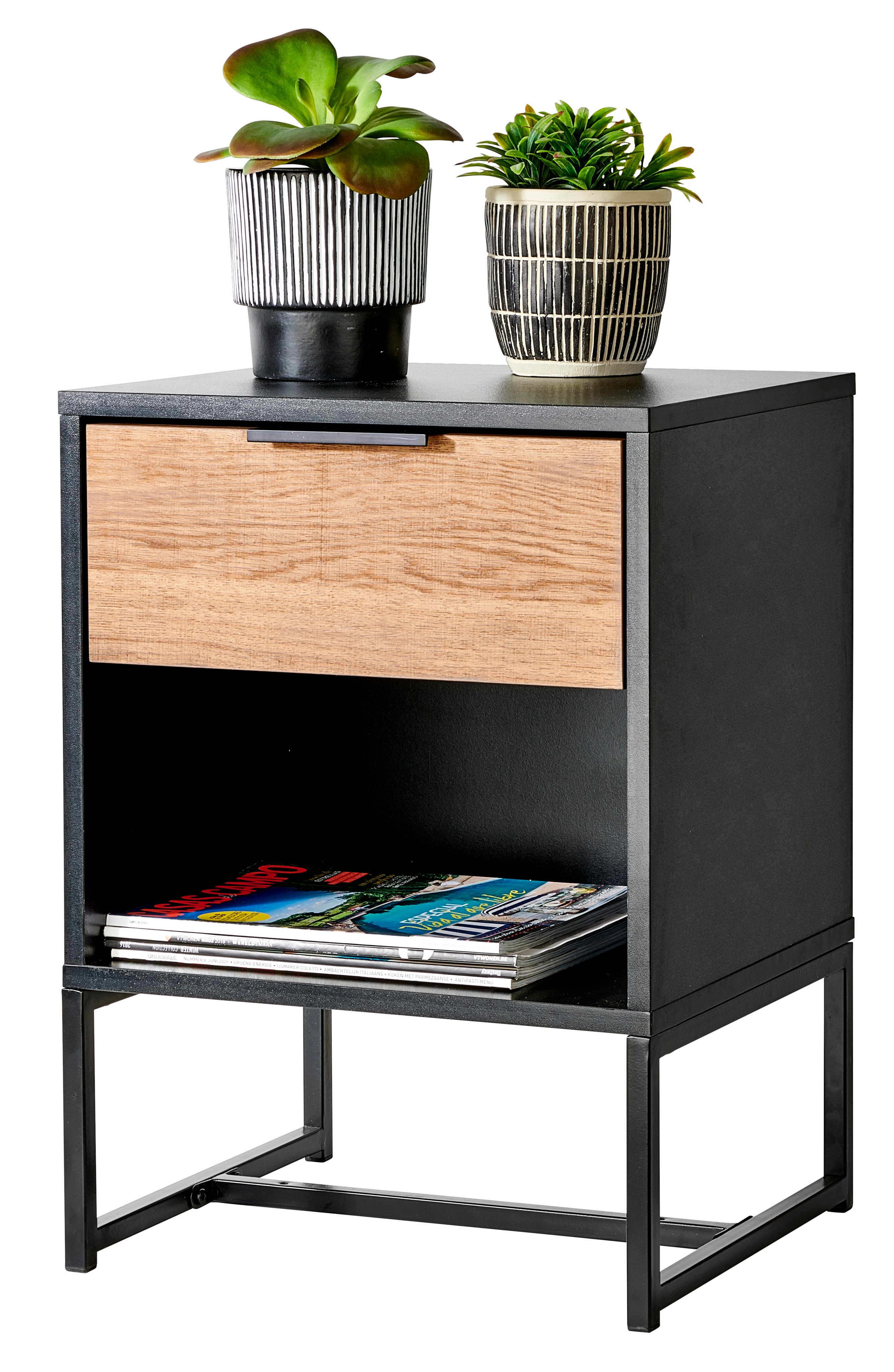 TRENTON Nachtkast zwart, naturelH 55,5 x B 40 x D 34 cm