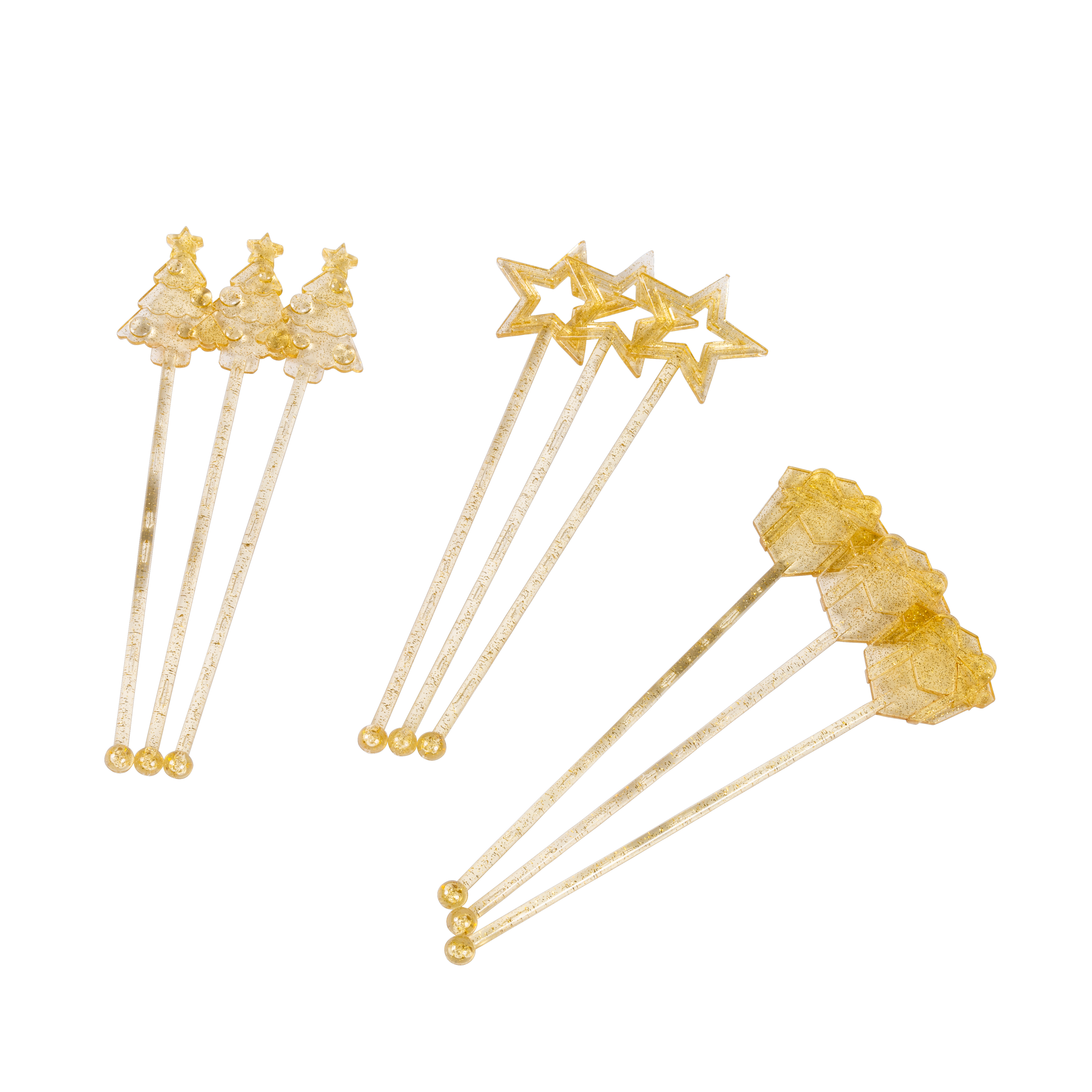 X-MAS Cocktailroerders set van 12 mix van 3 vormen goud, transparantL 18 cm