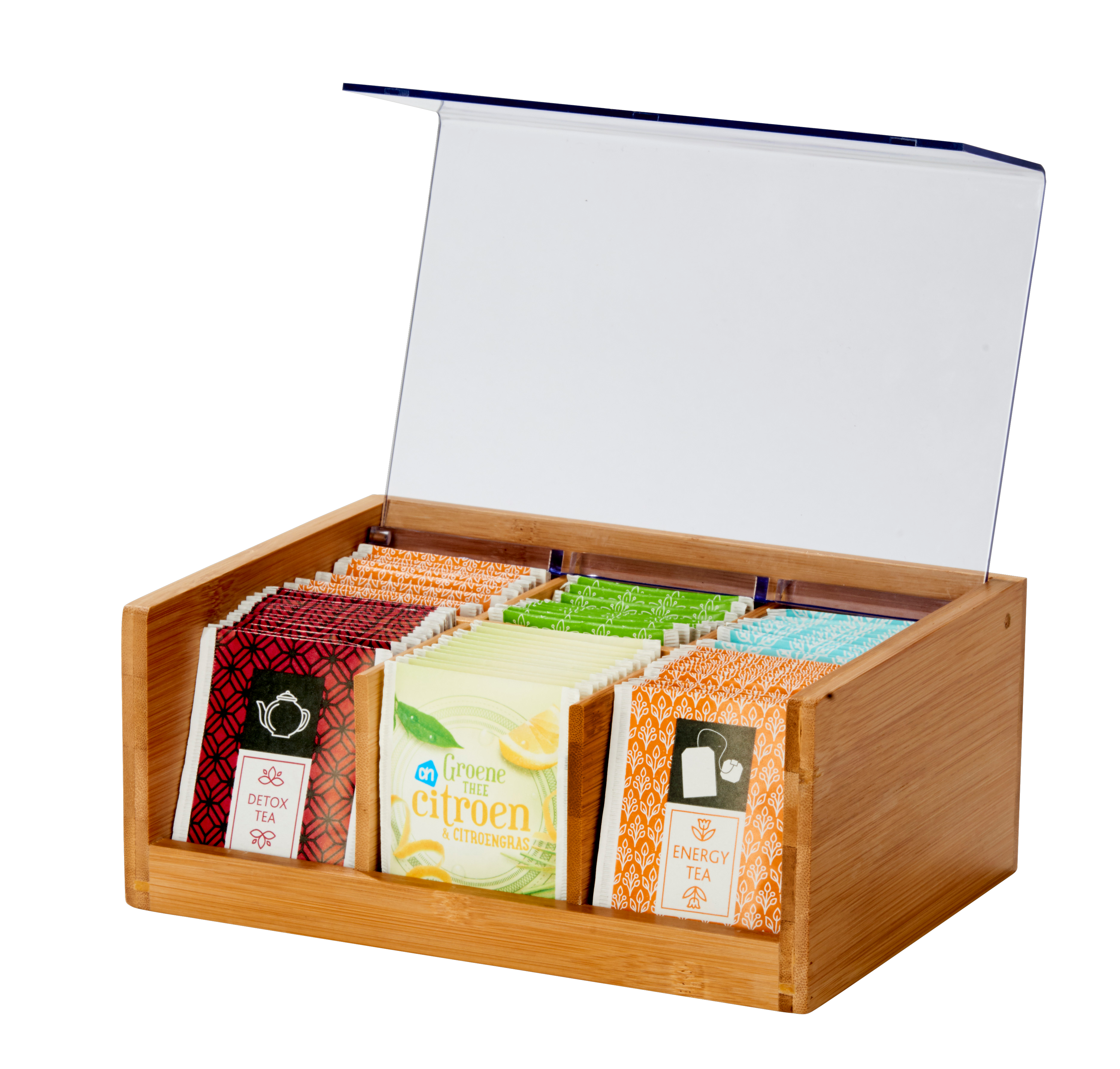 PANDA Theedoos 6 compartiment. transparant, naturelH 9 x B 22 x D 15 cm