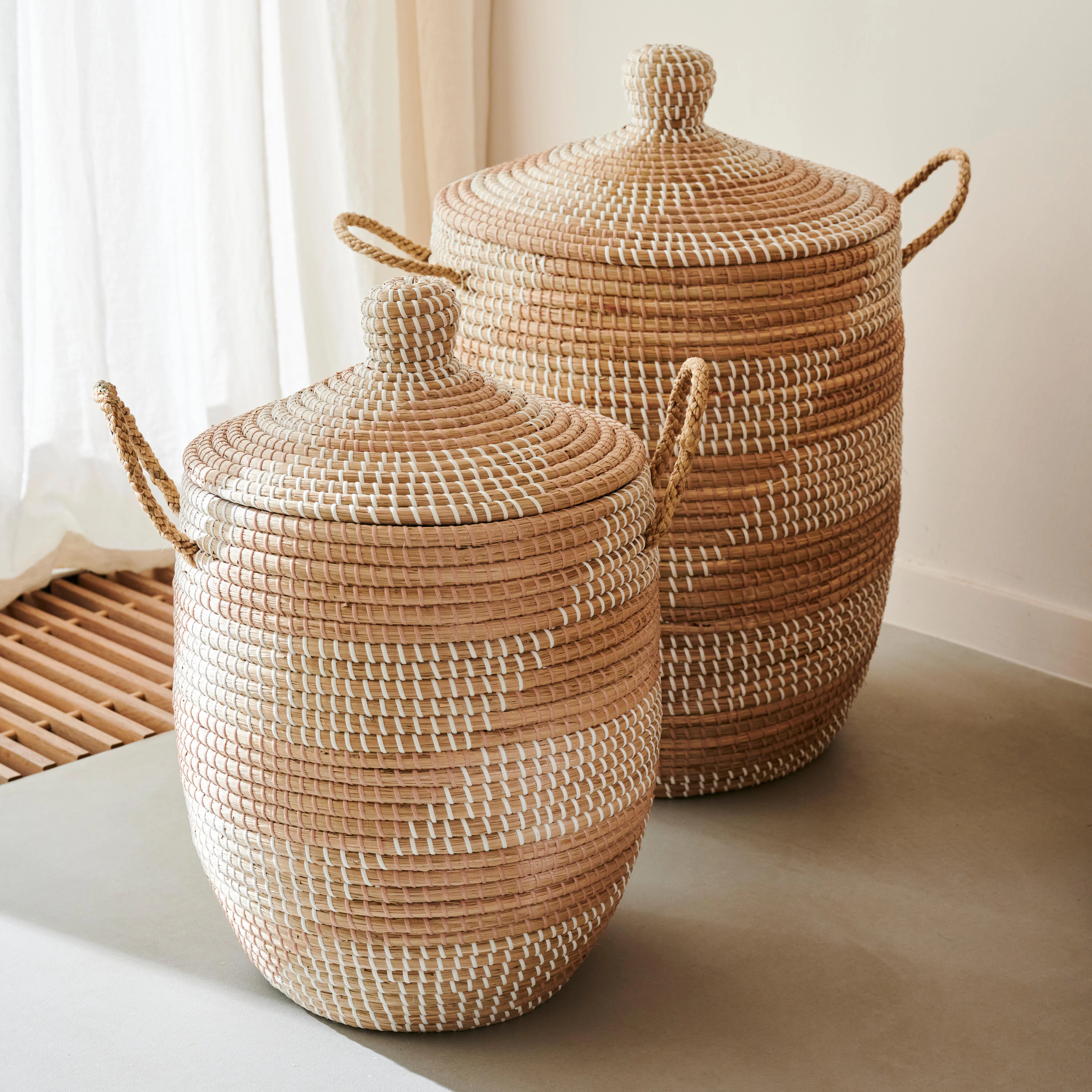 YASMINE Luxe mand met deksel wit, naturelH 55 cm - Ø 36 cm