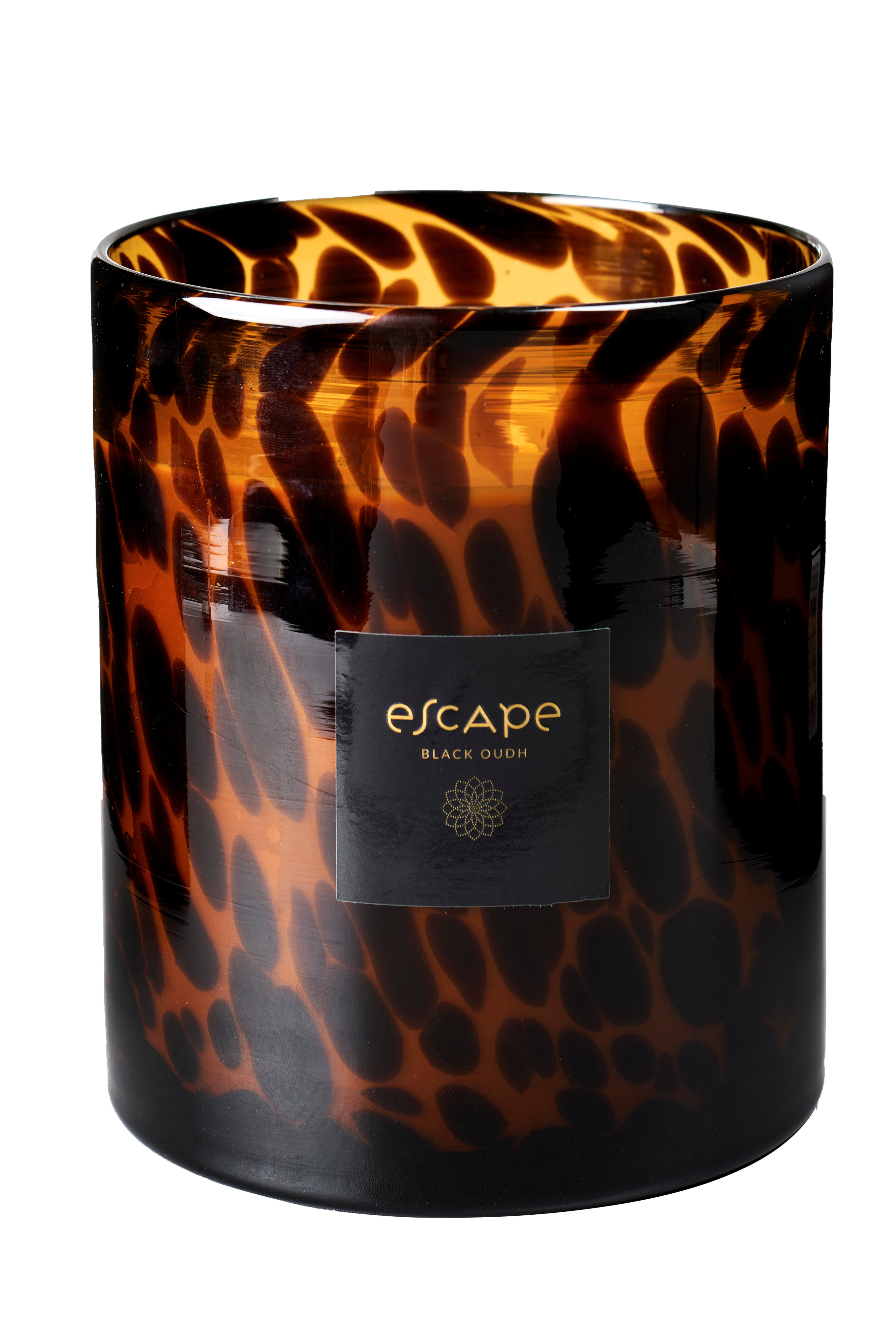 ESCAPE BLACK OUDH Geurkaars in glas zwart, bruin, okerH 16,5 cm - Ø 14,5 cm