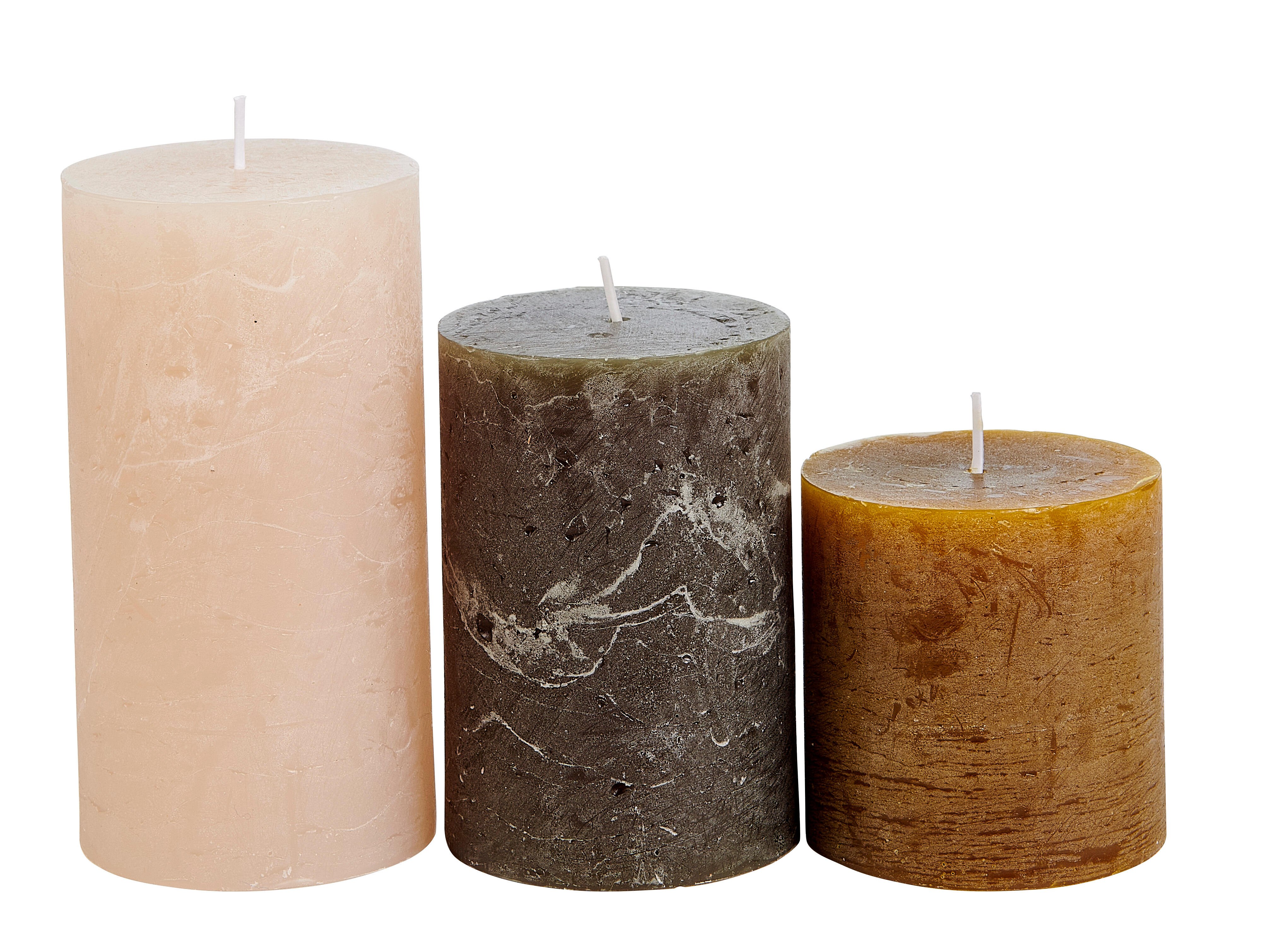 RUSTIC Kaarsen set van 3 groen, crème, lichtpaarsH 7 cm - Ø 7 cm