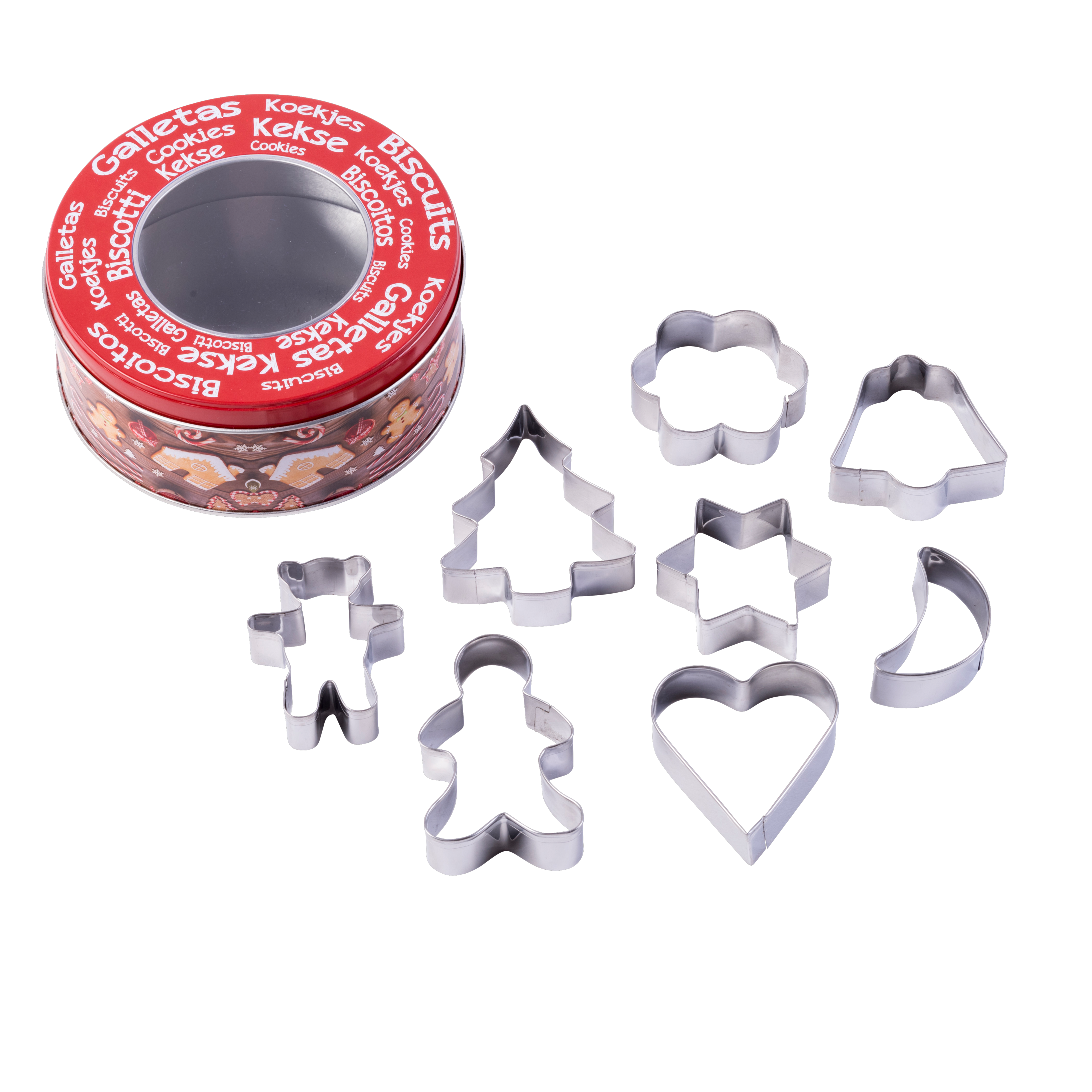 X-MAS Uitsteekvormpjes set van 8 in blikken doos zilverH 5,7 cm - Ø 13,5 cm