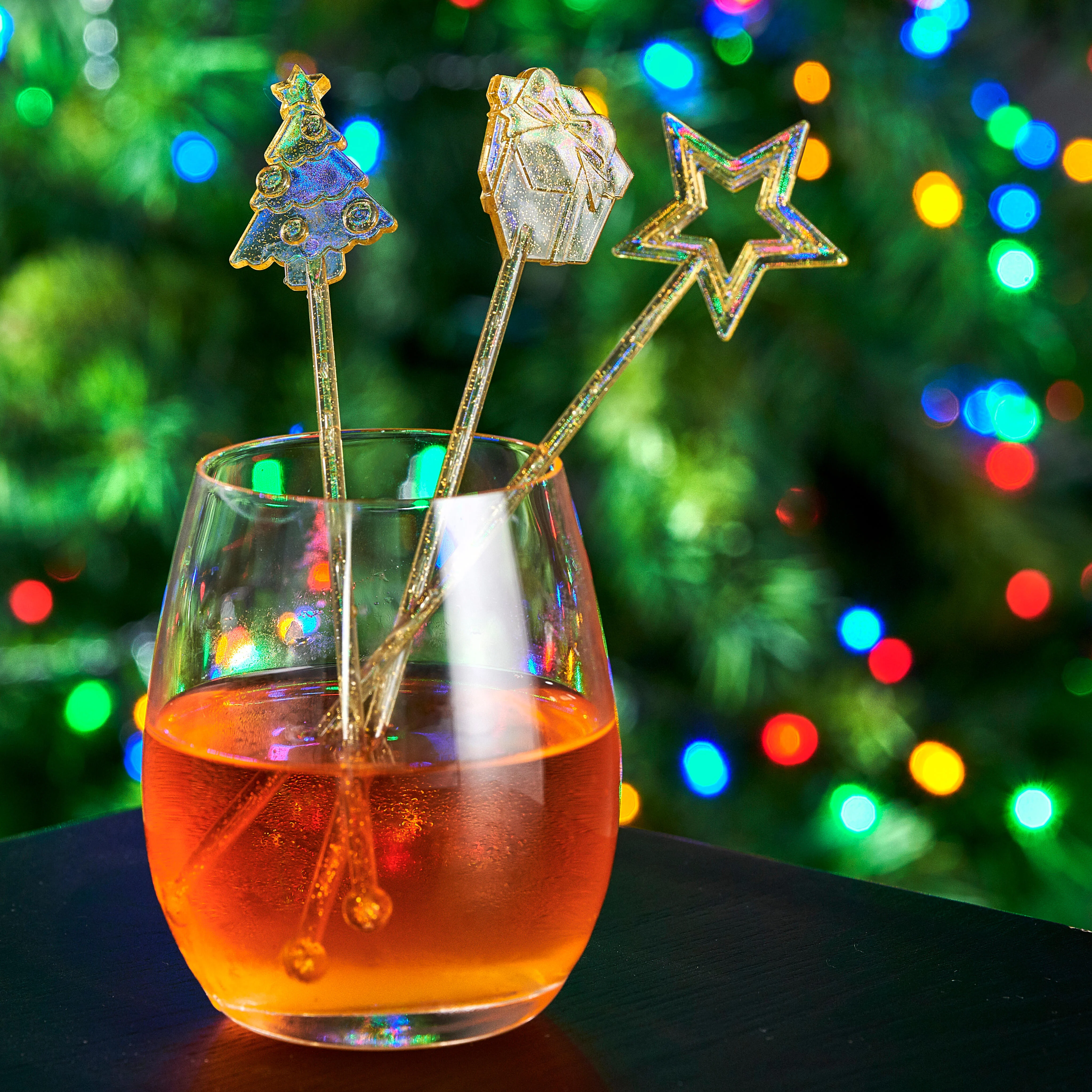 X-MAS Cocktailroerders set van 12 mix van 3 vormen goud, transparantL 18 cm