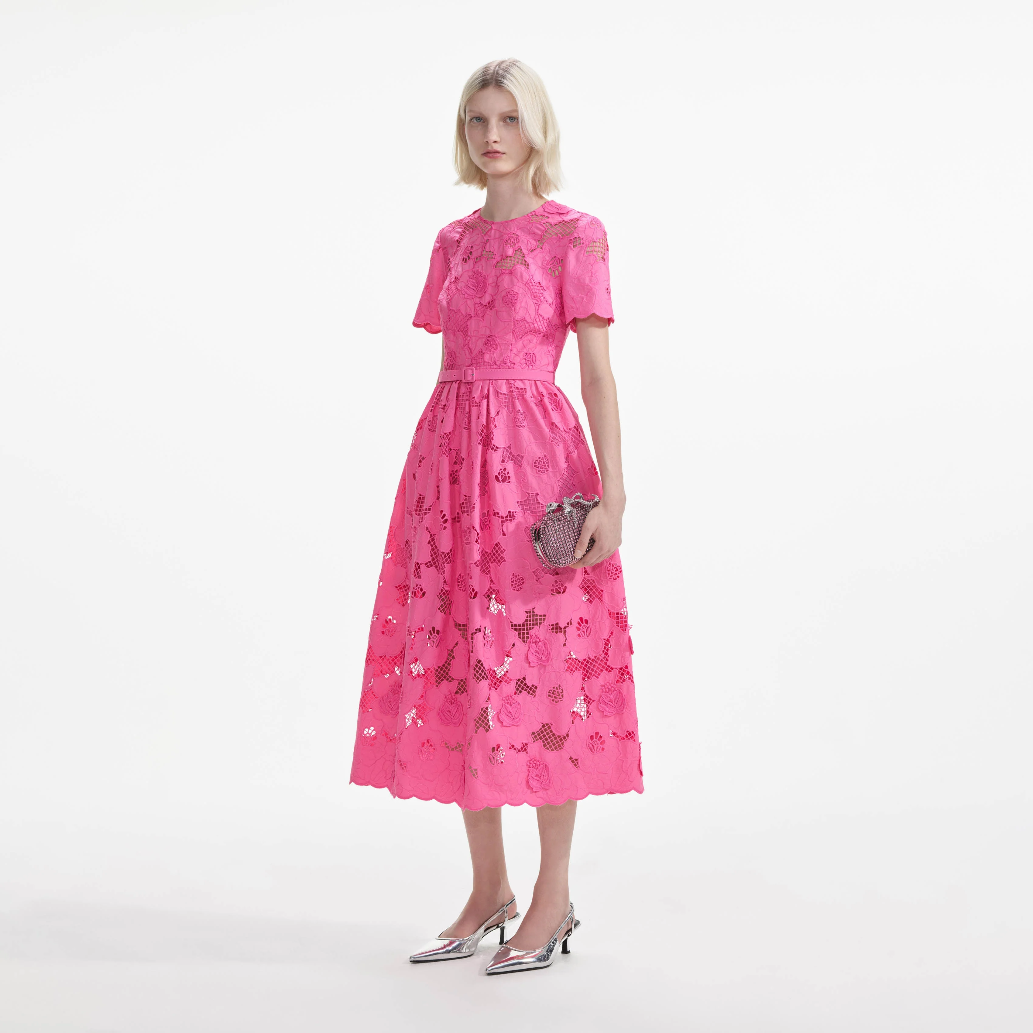 Pink Cotton Lace Midi Dress