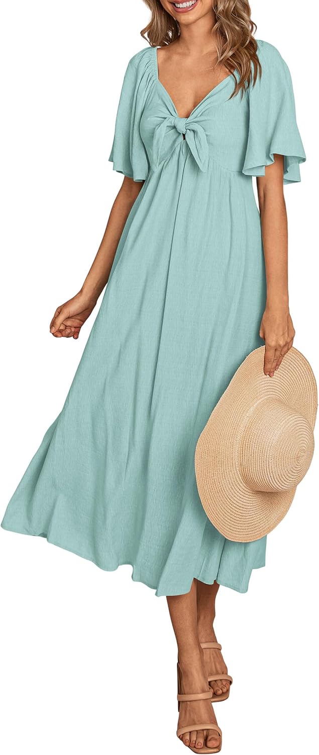 PRETTYGARDEN Summer Dress for Women 2025 Casual Short Sleeve Bow Tie V Neck Ruffle Midi Flowy Dresses