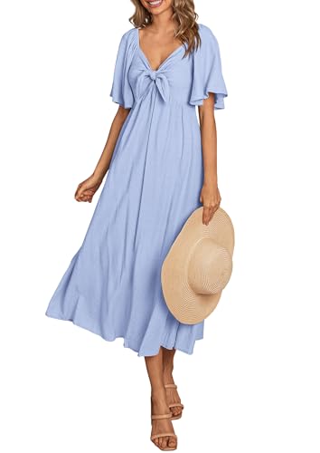 PRETTYGARDEN Summer Dress for Women 2025 Casual Short Sleeve Bow Tie V Neck Ruffle Midi Flowy Dresses