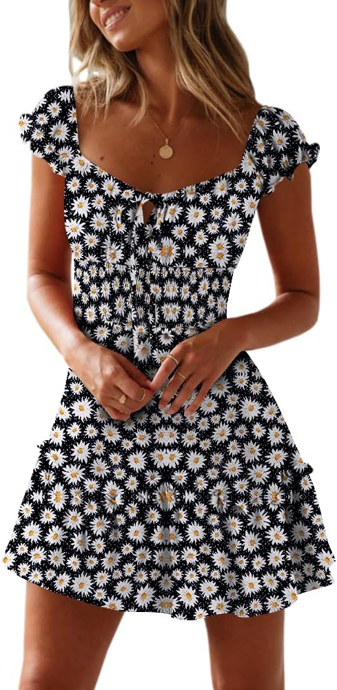 YOBECHO Womens Summer Ruffle Sleeve Sweetheart Neckline Printing Dress Mini Dresses