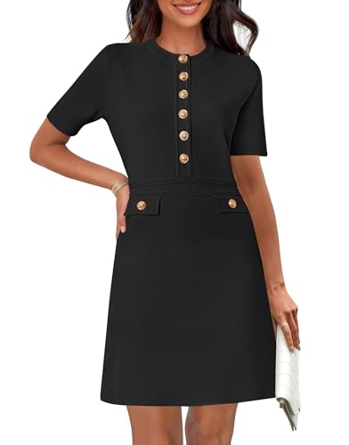 MEROKEETY Women's Knit Bodycon Sweater Dress Button Short Sleeve Crew Neck Elegant Formal Mini Dress