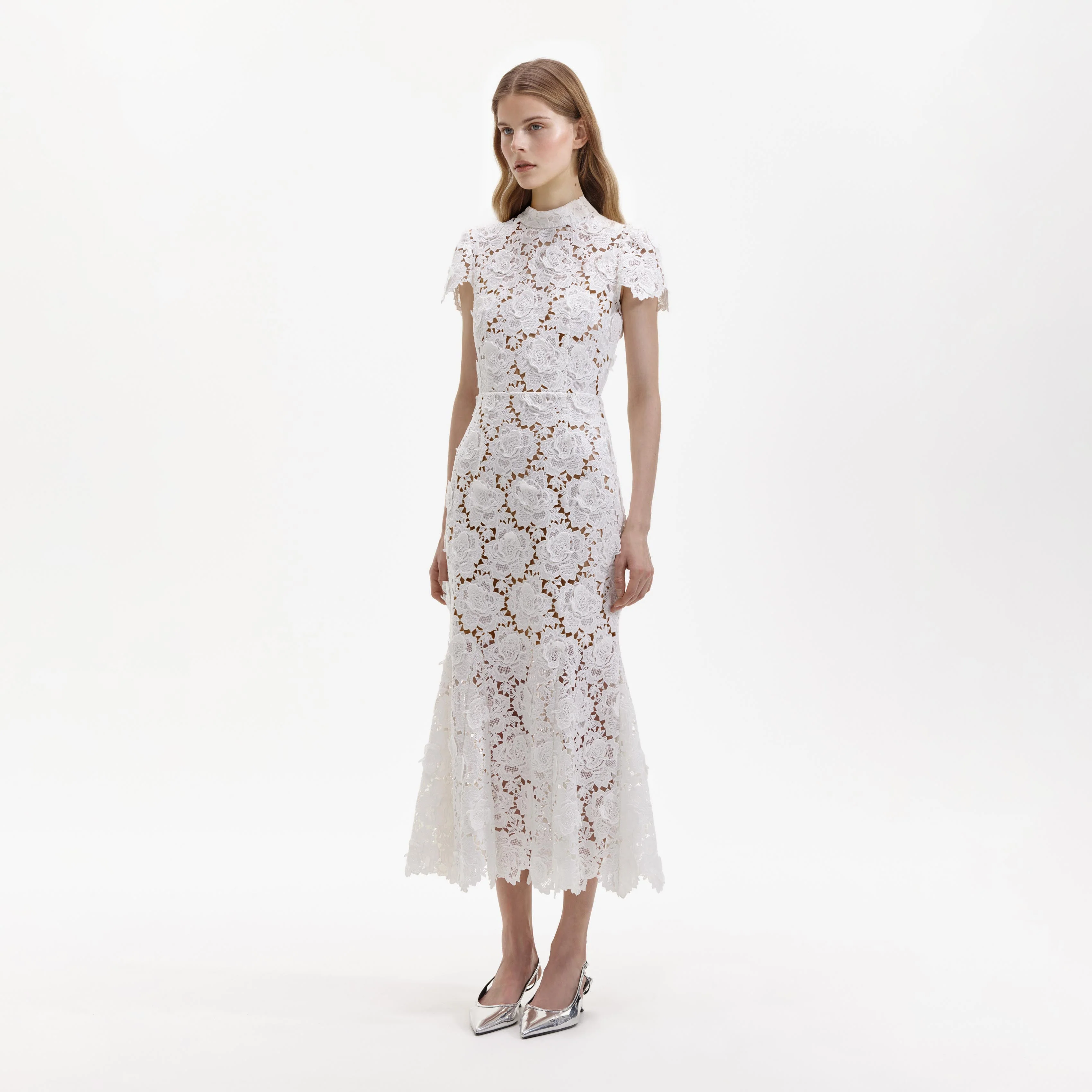 White Flower Lace Midi Dress