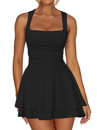 Kaximil Women's Square Neck Ruffle Hem Mini Dress Ruched Waist Short Party Dresses