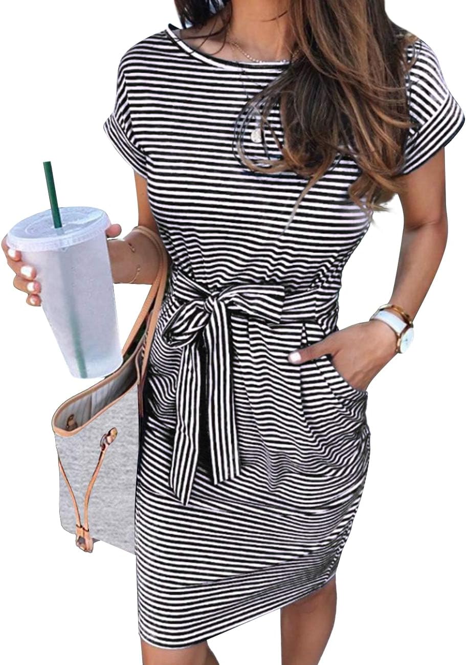 MEROKEETY Women's Summer Striped Short Sleeve T Shirt Dress Casual Tie Waist with Pockets