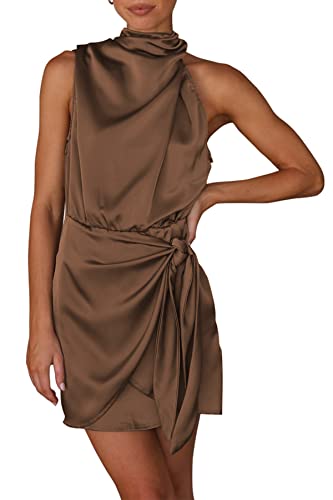 PRETTYGARDEN Women's Short Formal Satin Dress Summer Sleeveless Mock Neck Tie Waist Cocktail Party Dresses